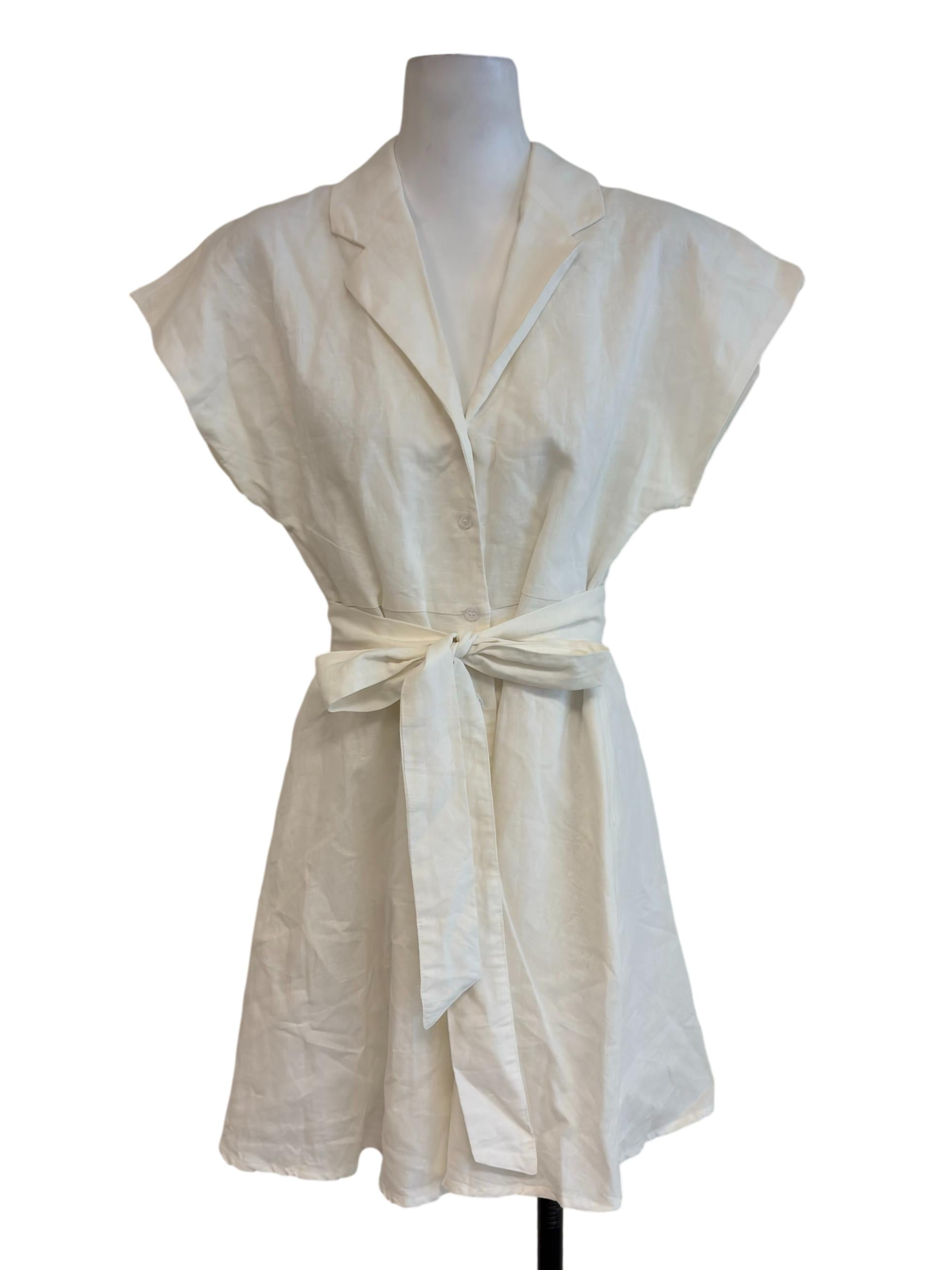 Off White Button Front Collared Dress