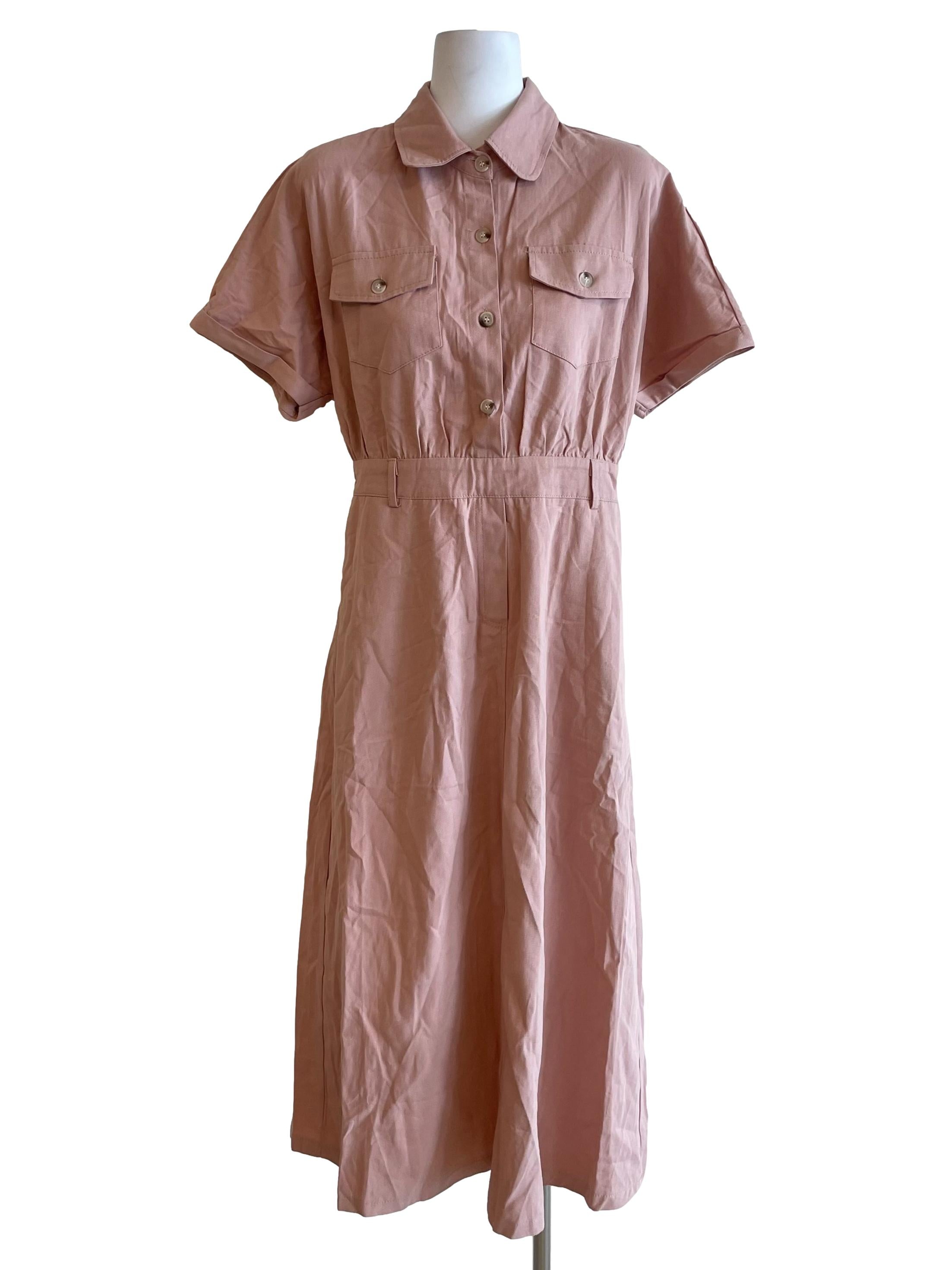 Crepe Pink Bust Pocket Shirt Dress