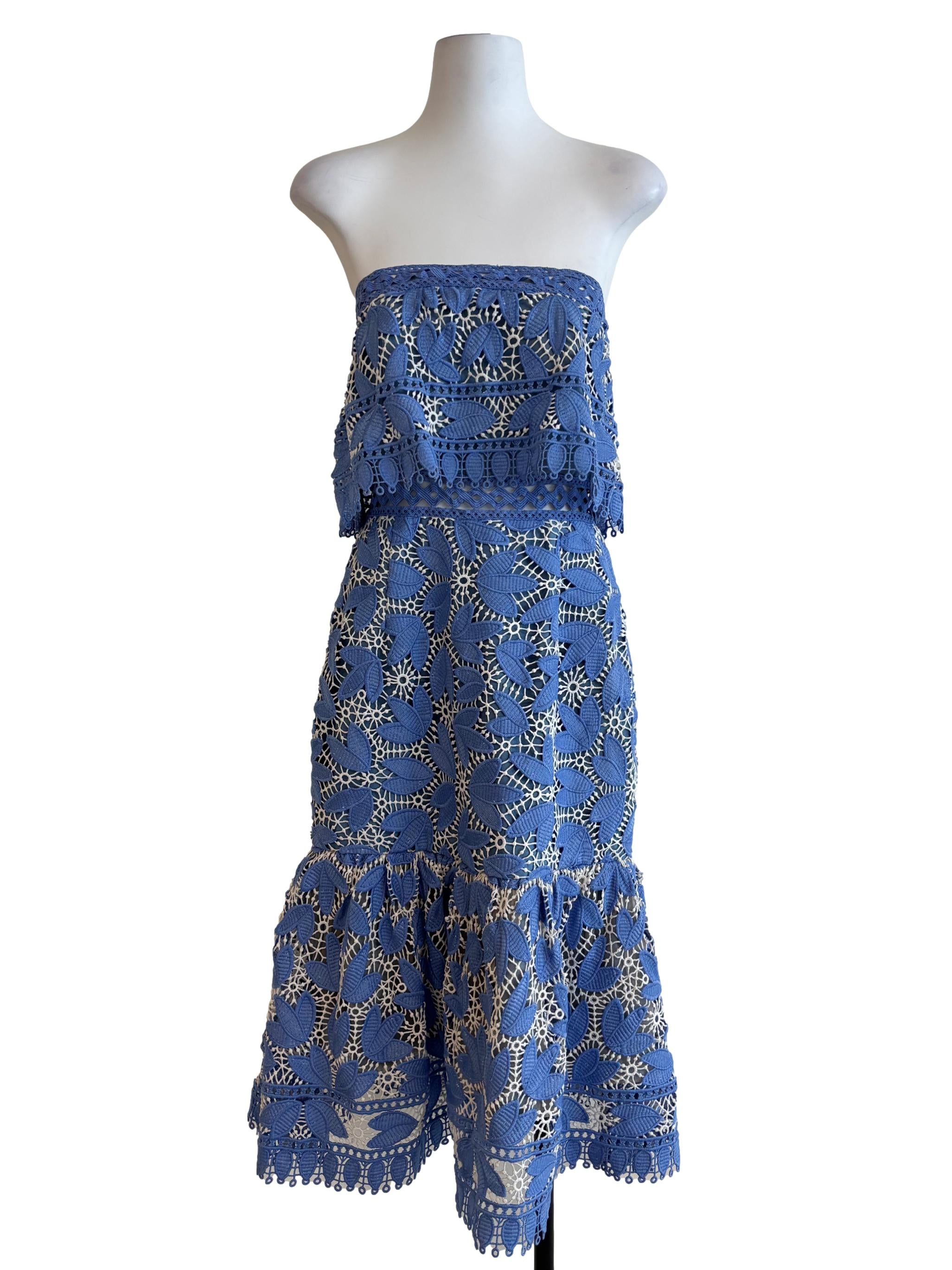 Cerulean Blue Leaf Print Strapless Dress