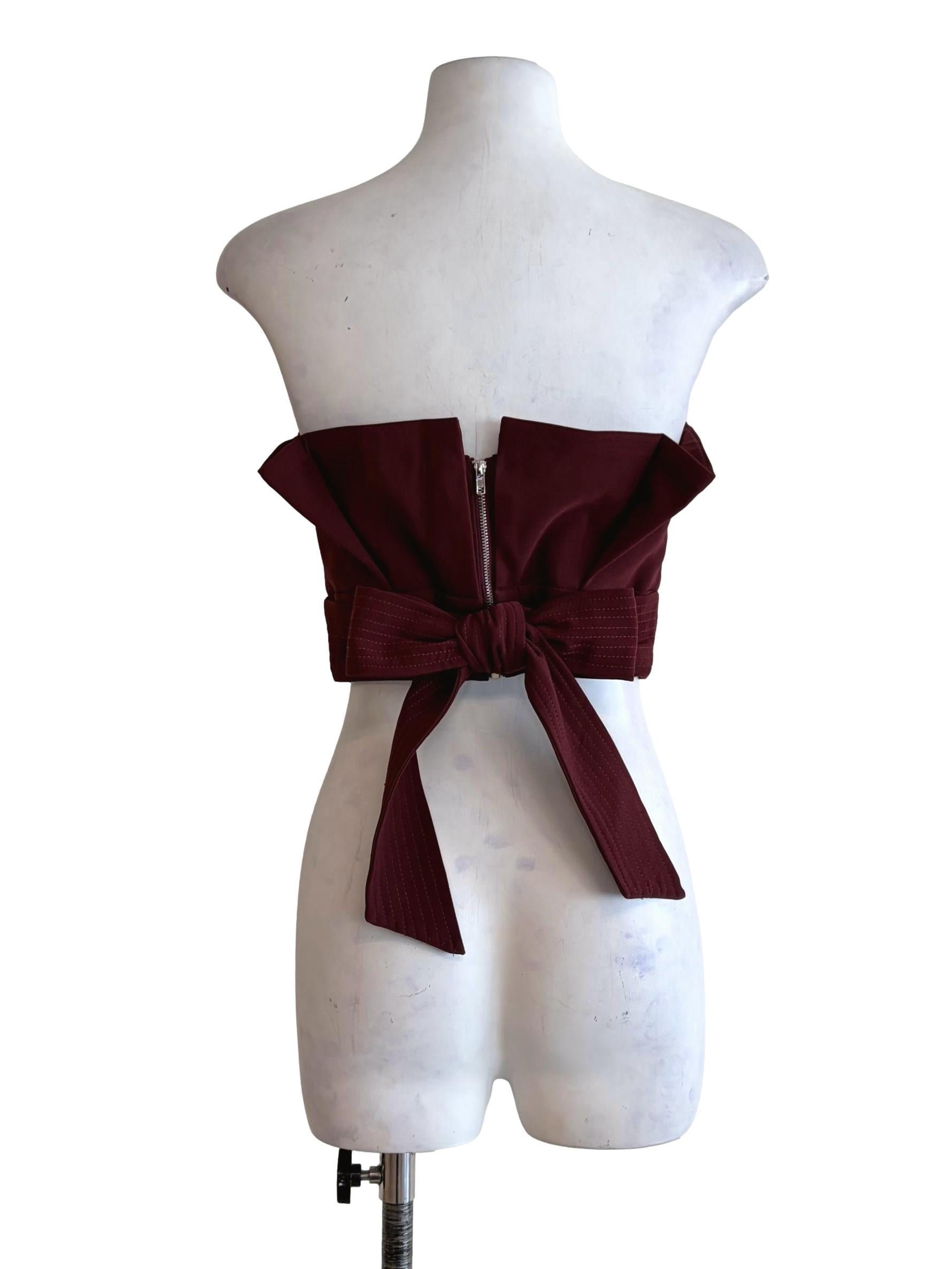 Maroon Red Ribboned Strapless Crop Top