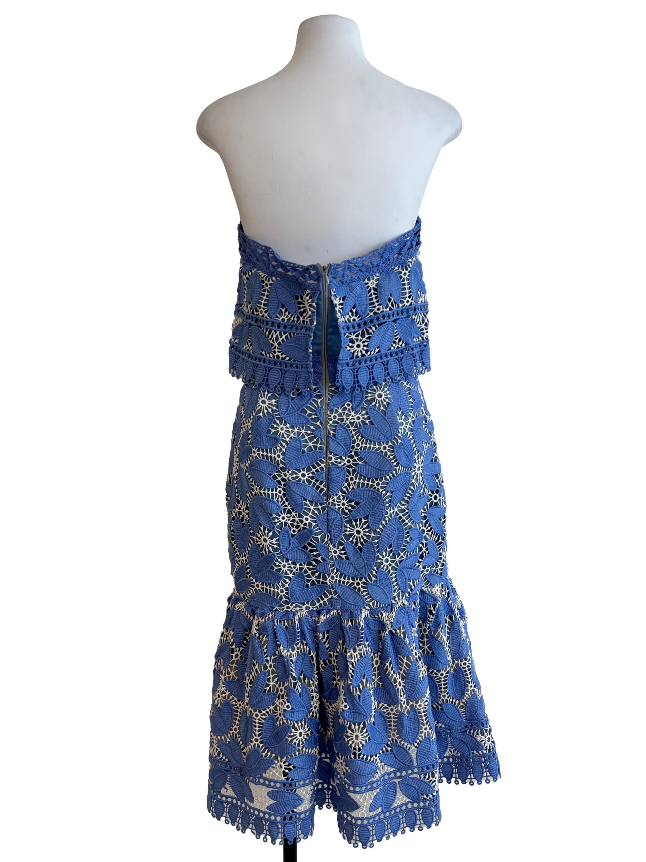 Cerulean Blue Leaf Print Strapless Dress