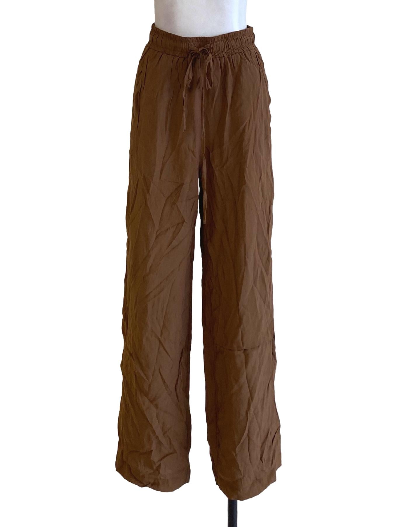 Wood Brown Stretchy Waist Tie Front Track Pants TEM