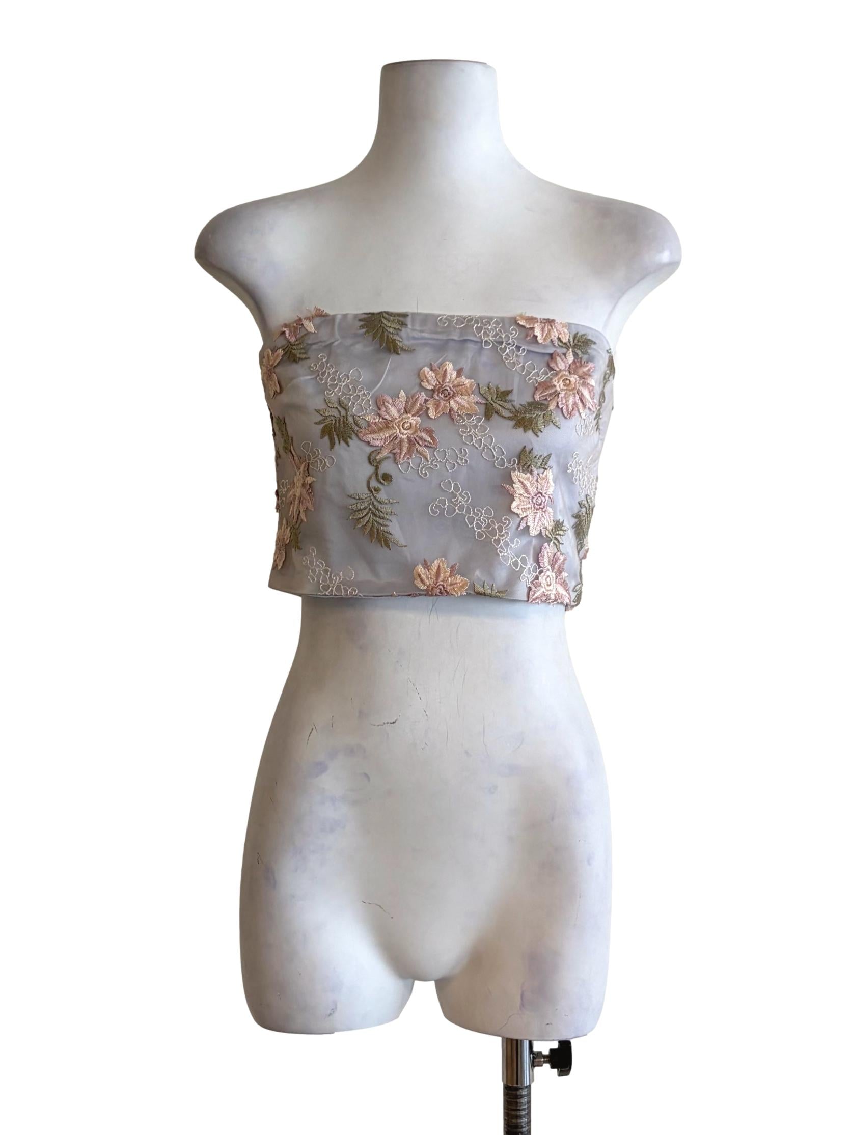 Icy Blue Floral Embroidery Mesh Strapless Crop Top