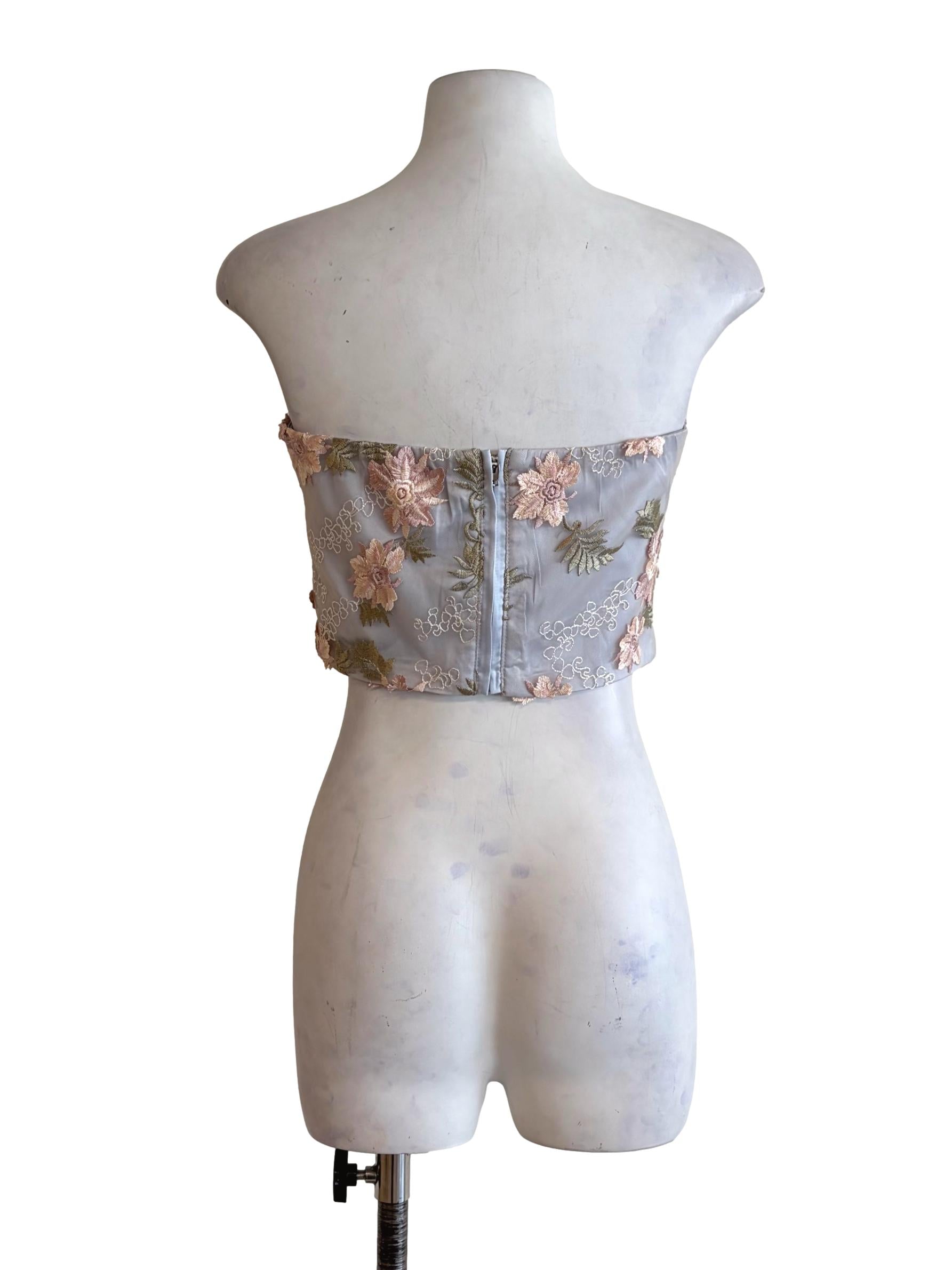 Icy Blue Floral Embroidery Mesh Strapless Crop Top