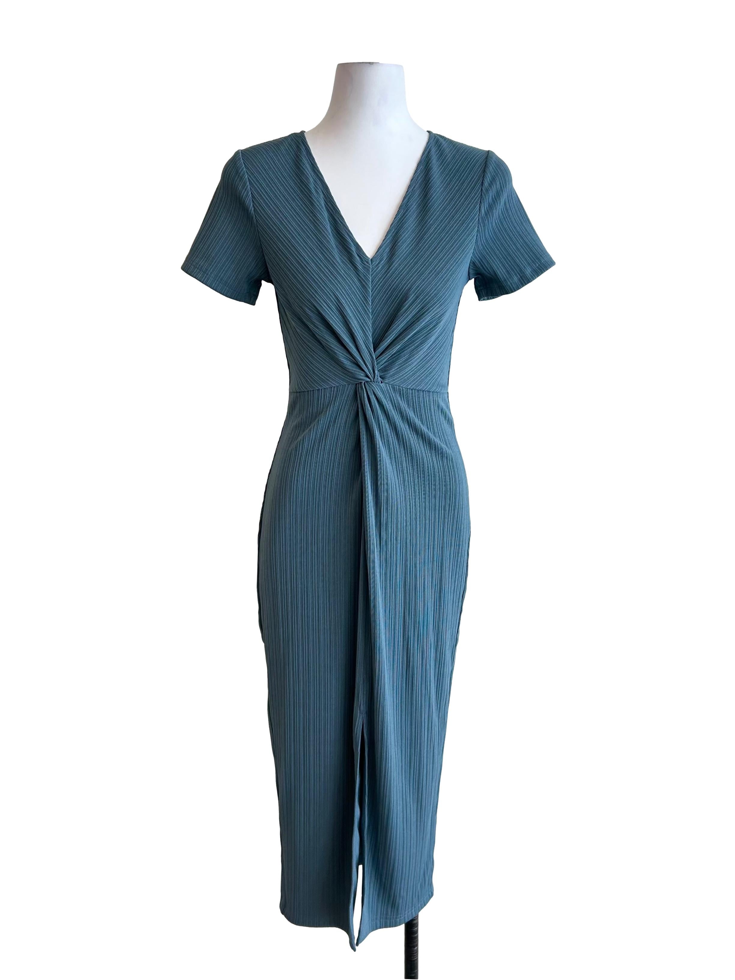 Teal Blue Twist Front Plisse Dress