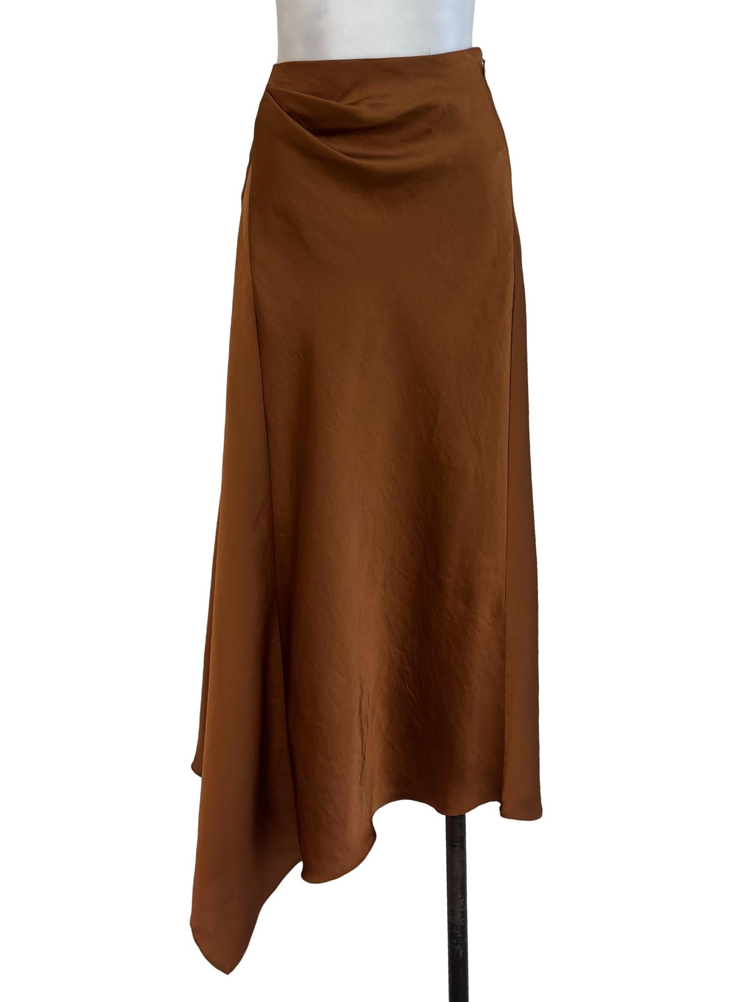 Bronze Brown Asymmetric Satin Skirt