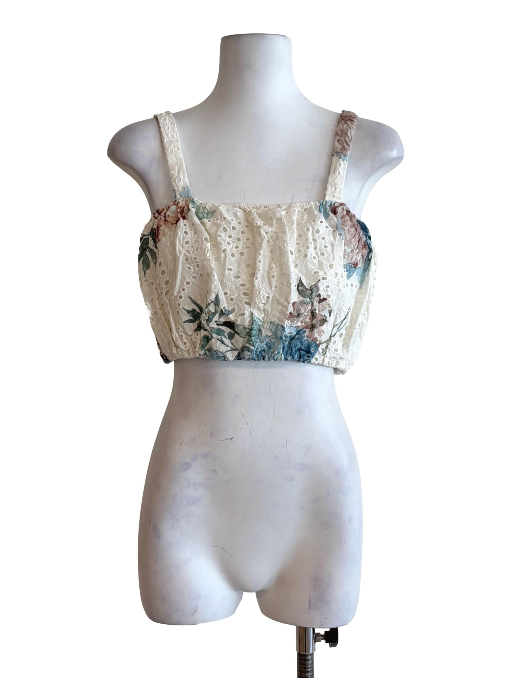 Dove White Floral Prints Eyelet Crop Top