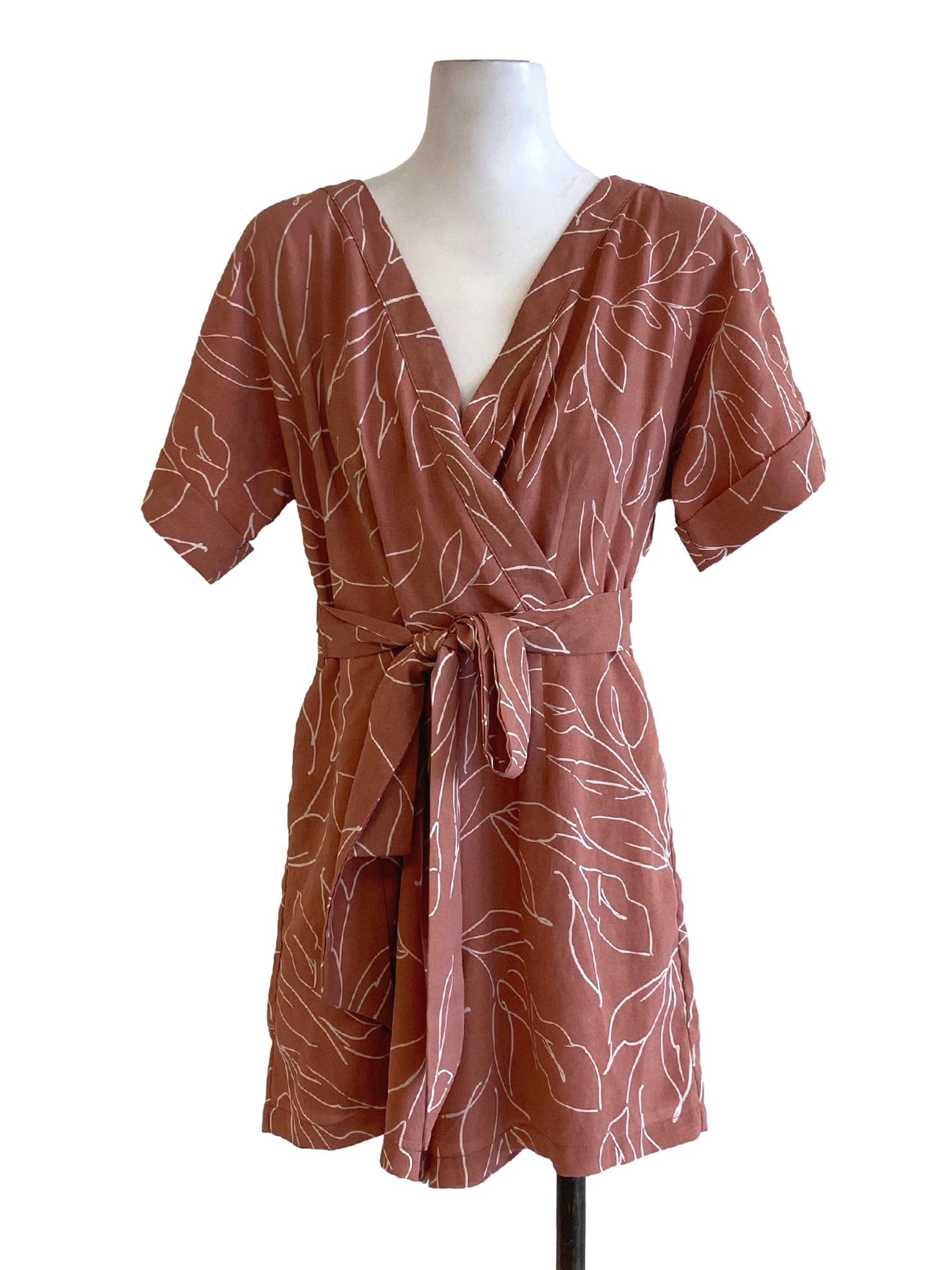 Rosewood Pink Printed V-Neck Wrap Romper TWL