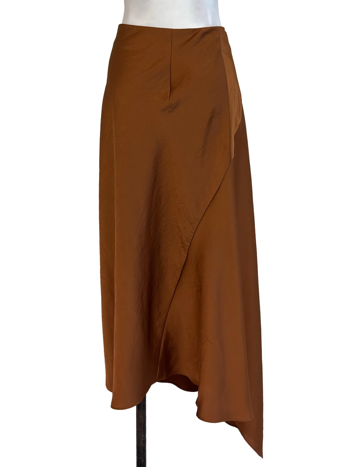 Bronze Brown Asymmetric Satin Skirt