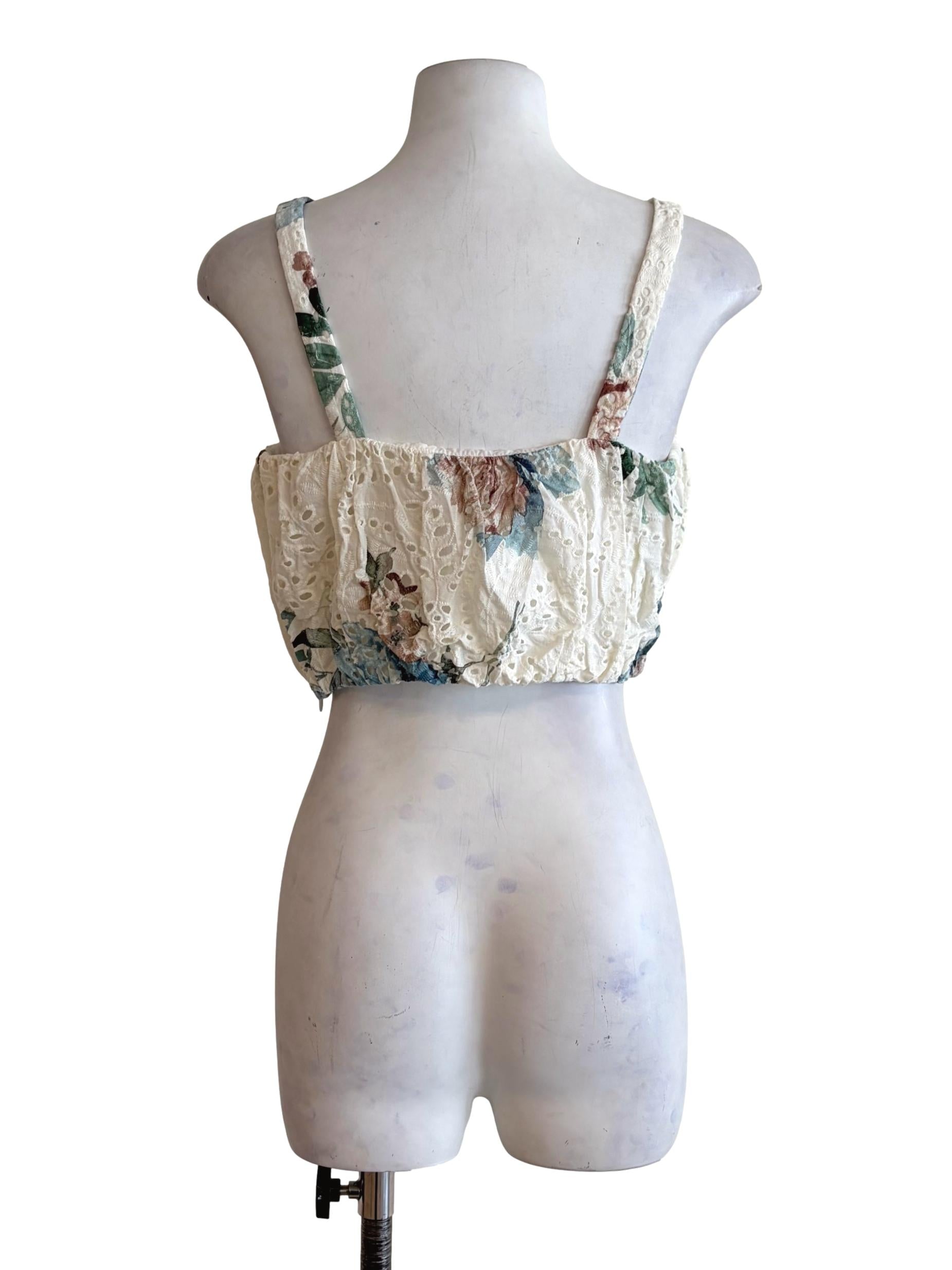 Dove White Floral Prints Eyelet Crop Top