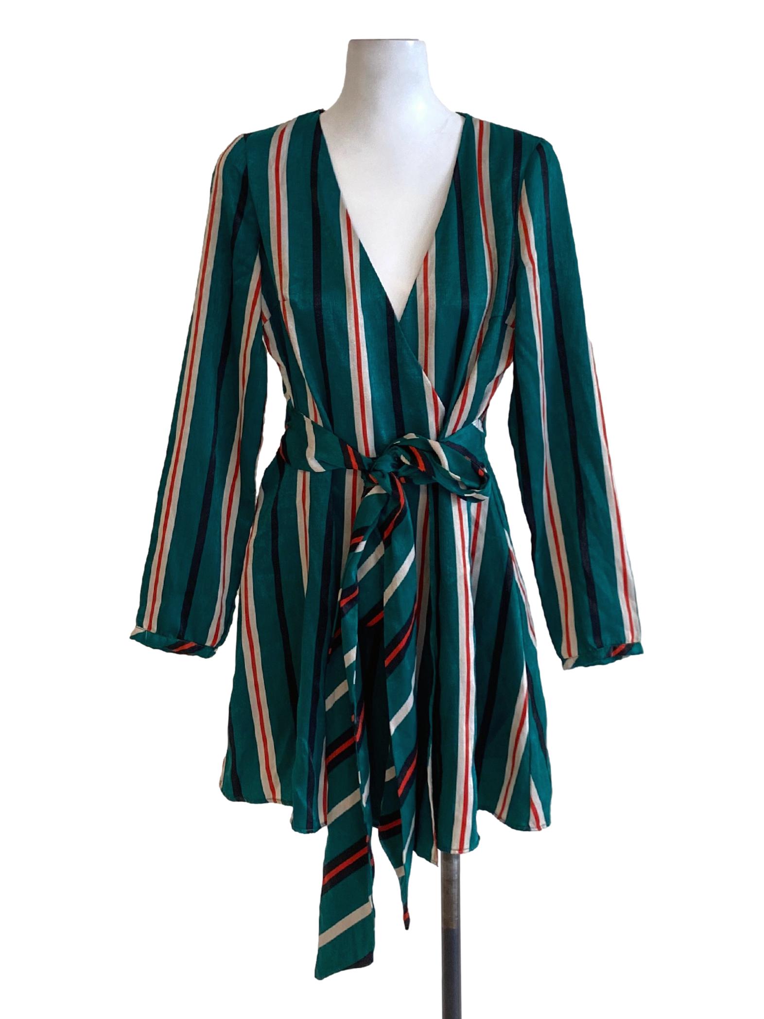 Emerald Green Stripes V-Neck Long Sleeve Wrap Romper
