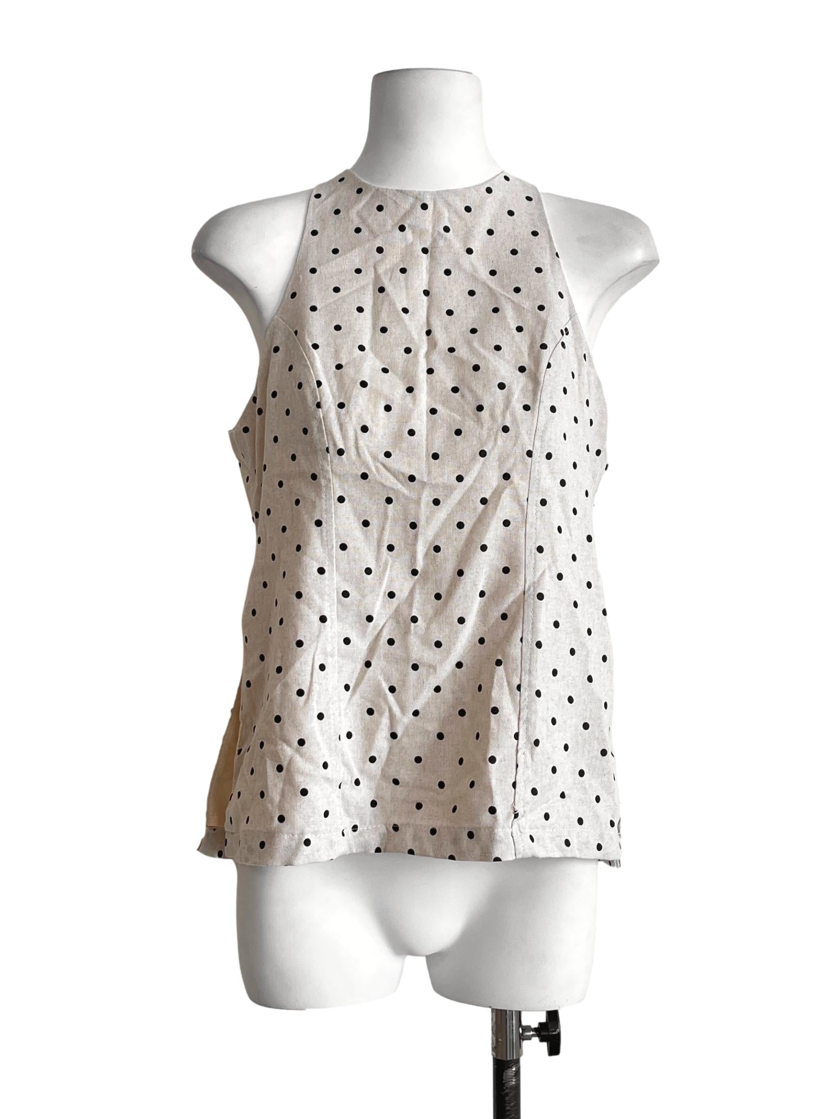 Beige White Polka Dot Halter Sleeveless Top