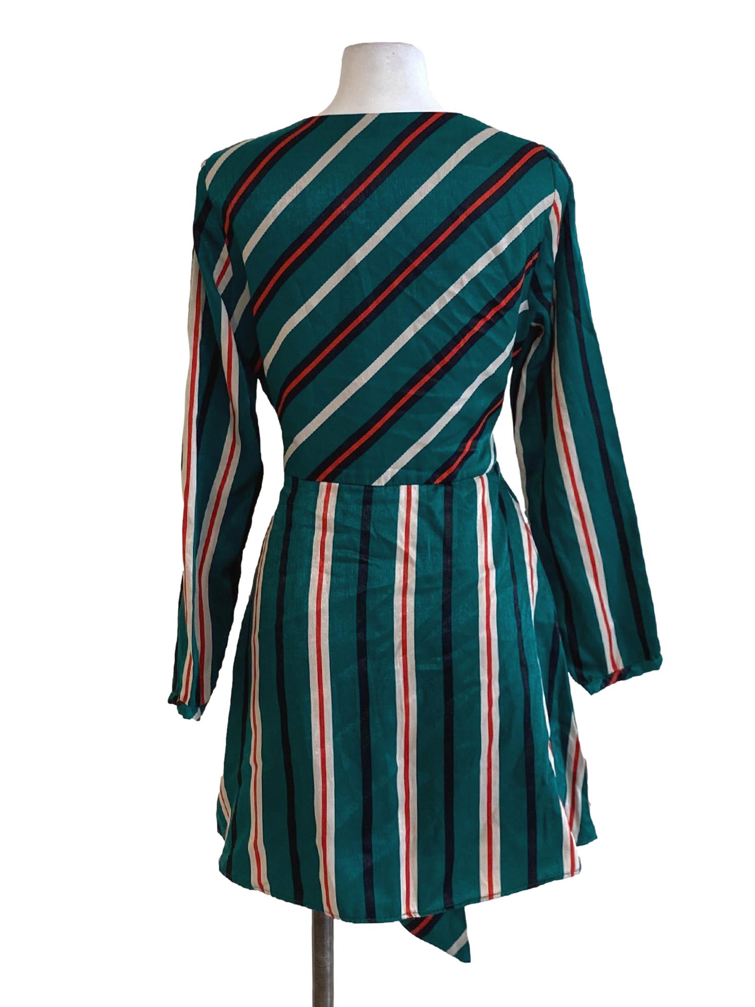 Emerald Green Stripes V-Neck Long Sleeve Wrap Romper