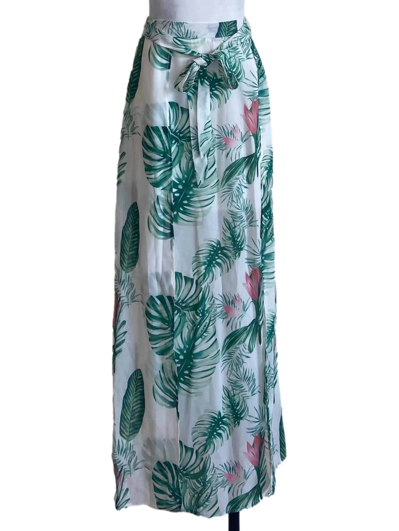 Green & Floral Slit Long Skirt