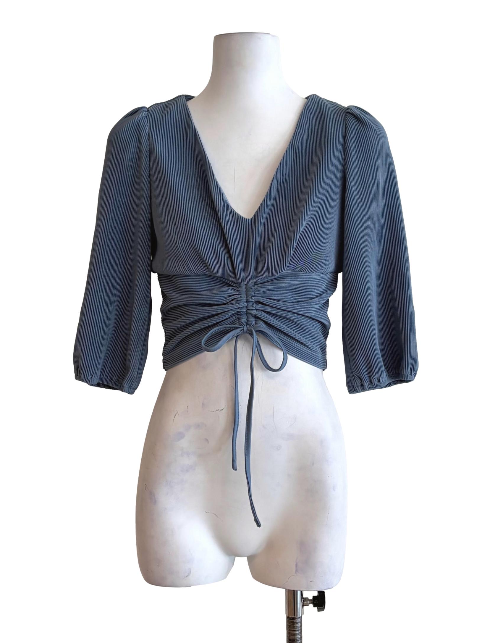 Stone Blue Textured Ruched Waist Crop Top