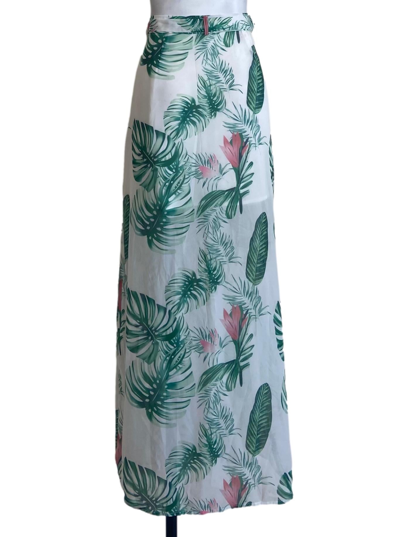 Green & Floral Slit Long Skirt