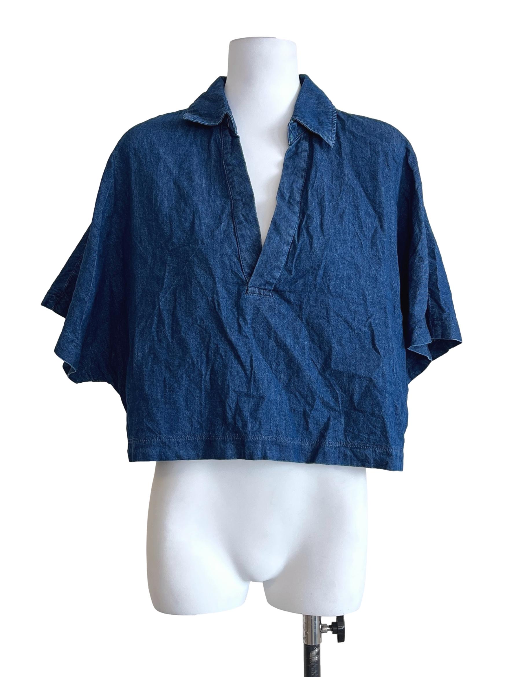 Denim Wash Blue V-Neck Short Sleeve Top