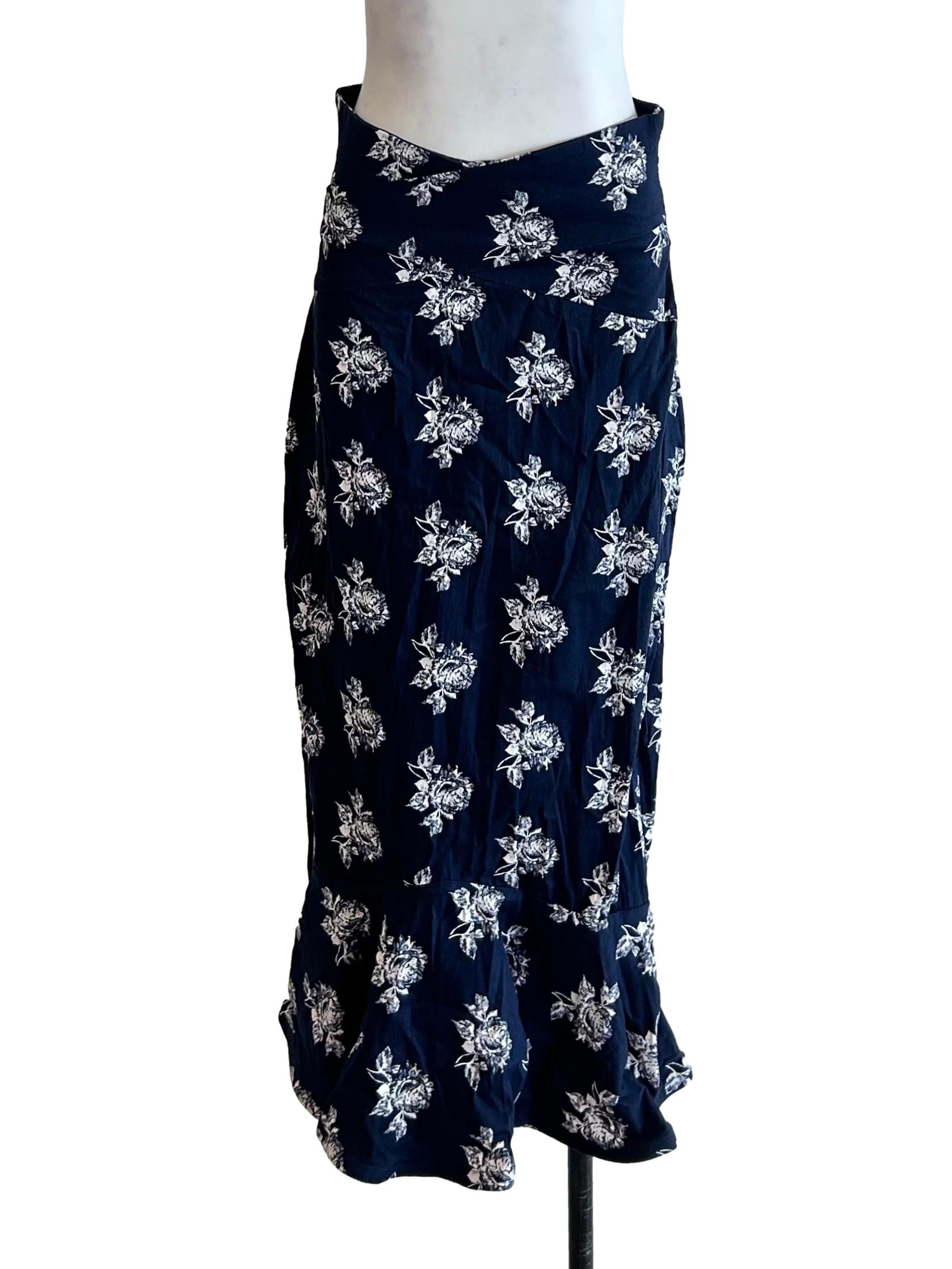 Navy Blue Floral Print Maxi Skirt
