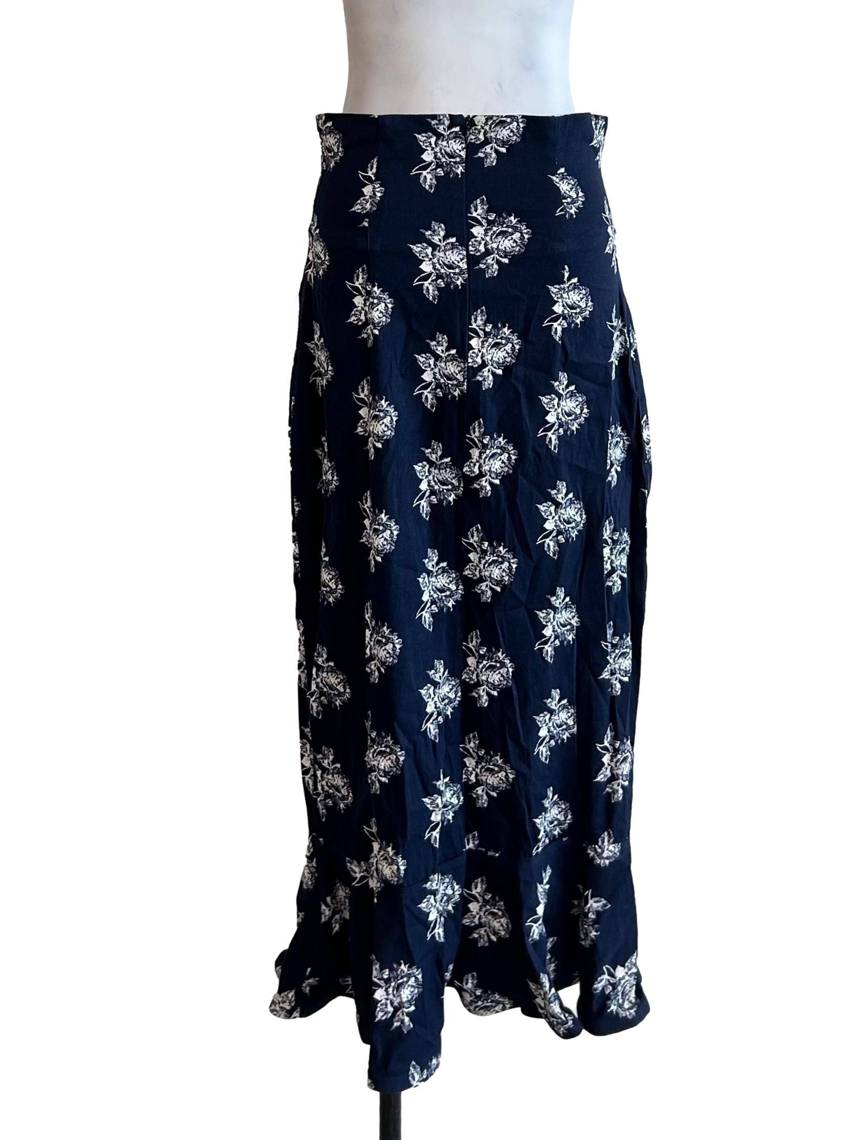 Navy Blue Floral Print Maxi Skirt