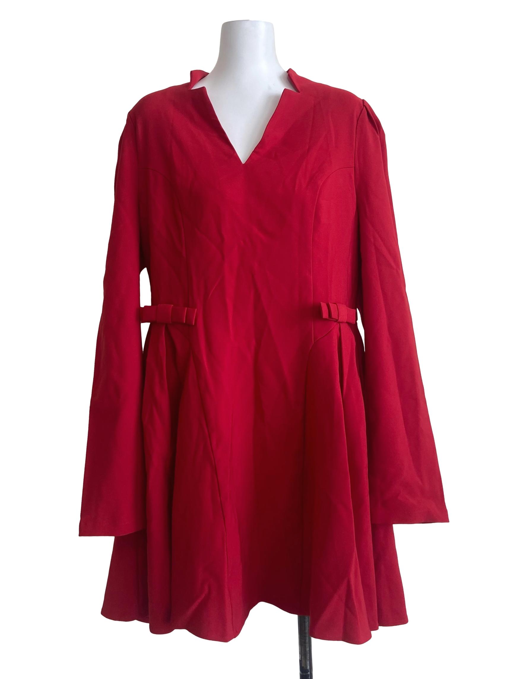 Rose Red V-Neck Pleated A-Line Dress