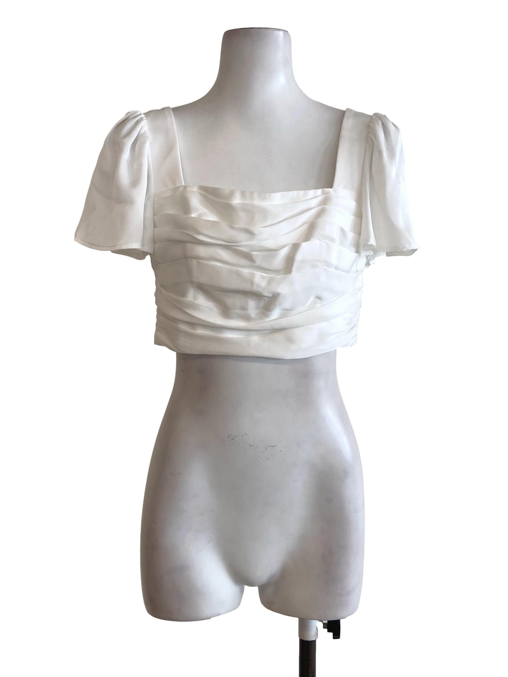 White Circular-Cap Sleeve Crop Top