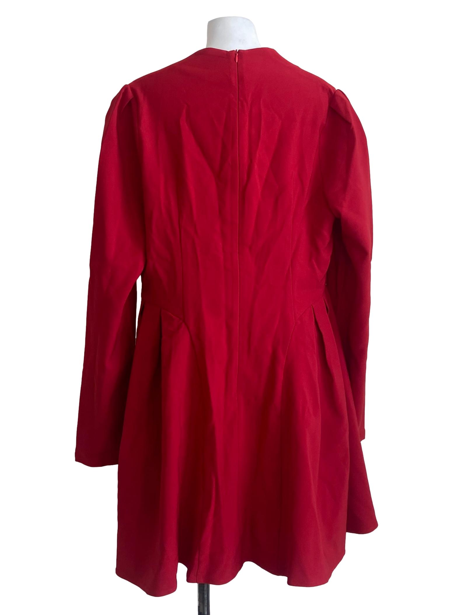 Rose Red V-Neck Pleated A-Line Dress