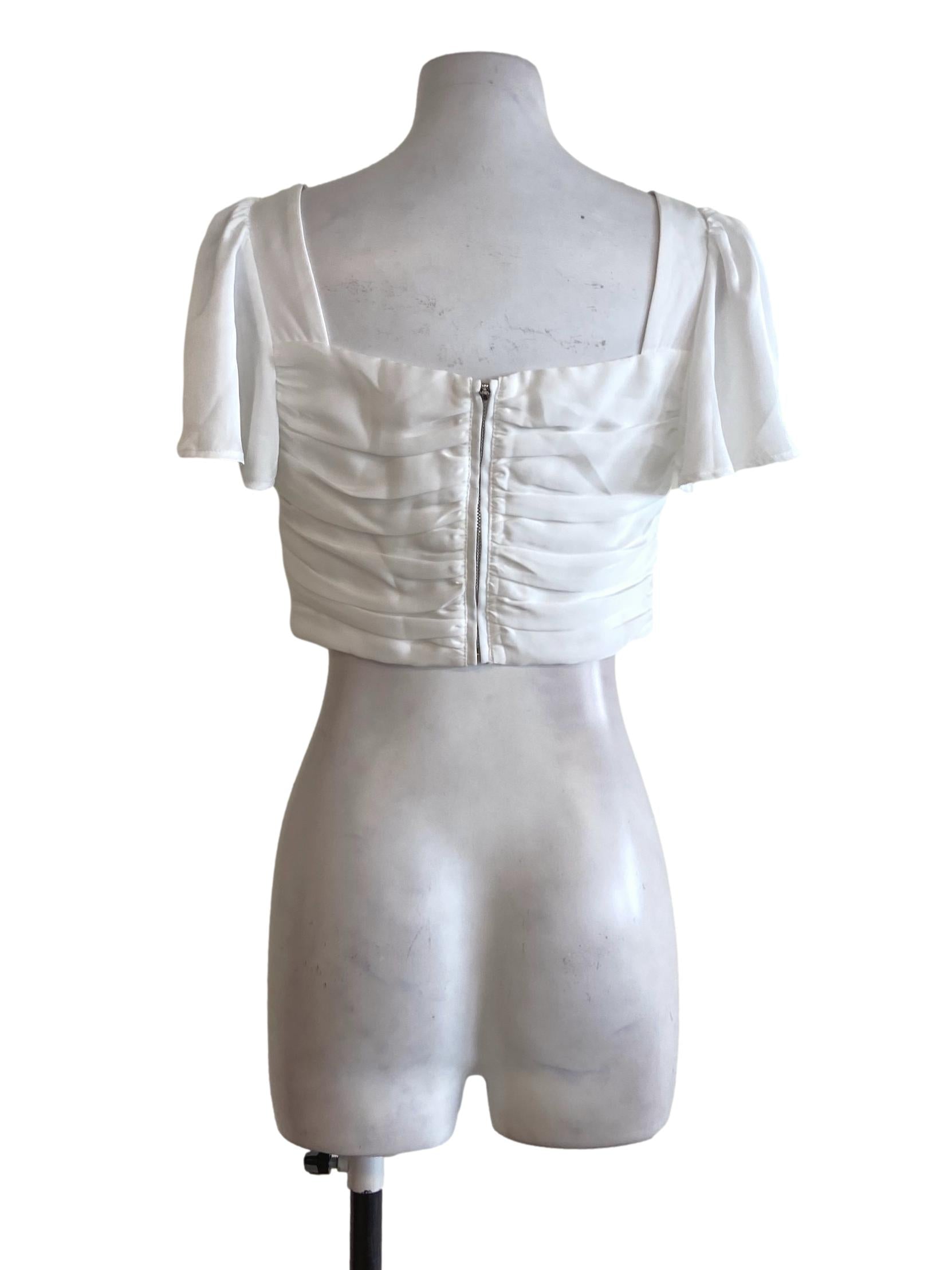 White Circular-Cap Sleeve Crop Top
