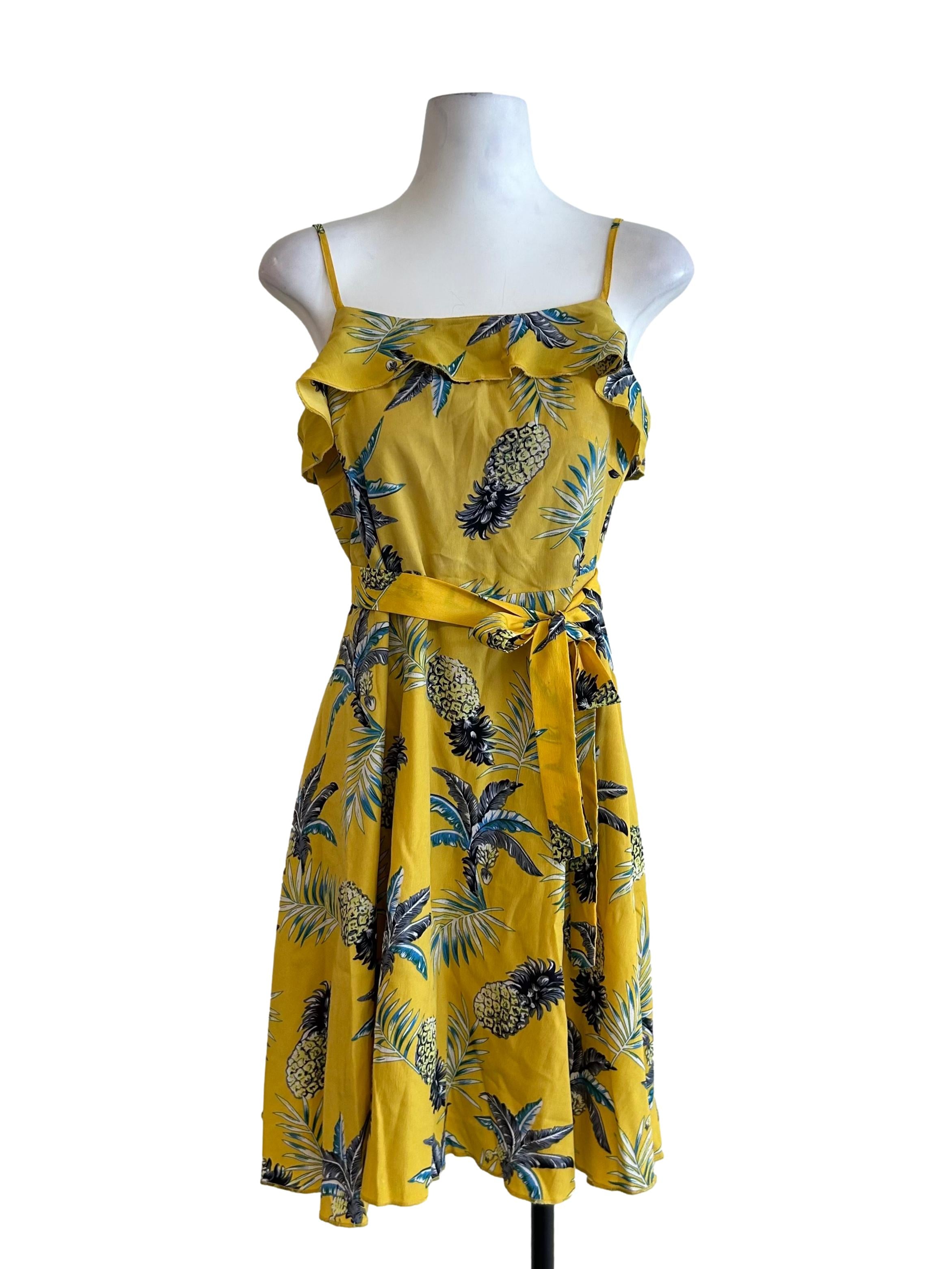 Yellow Pineapple Print Ruffle Dress