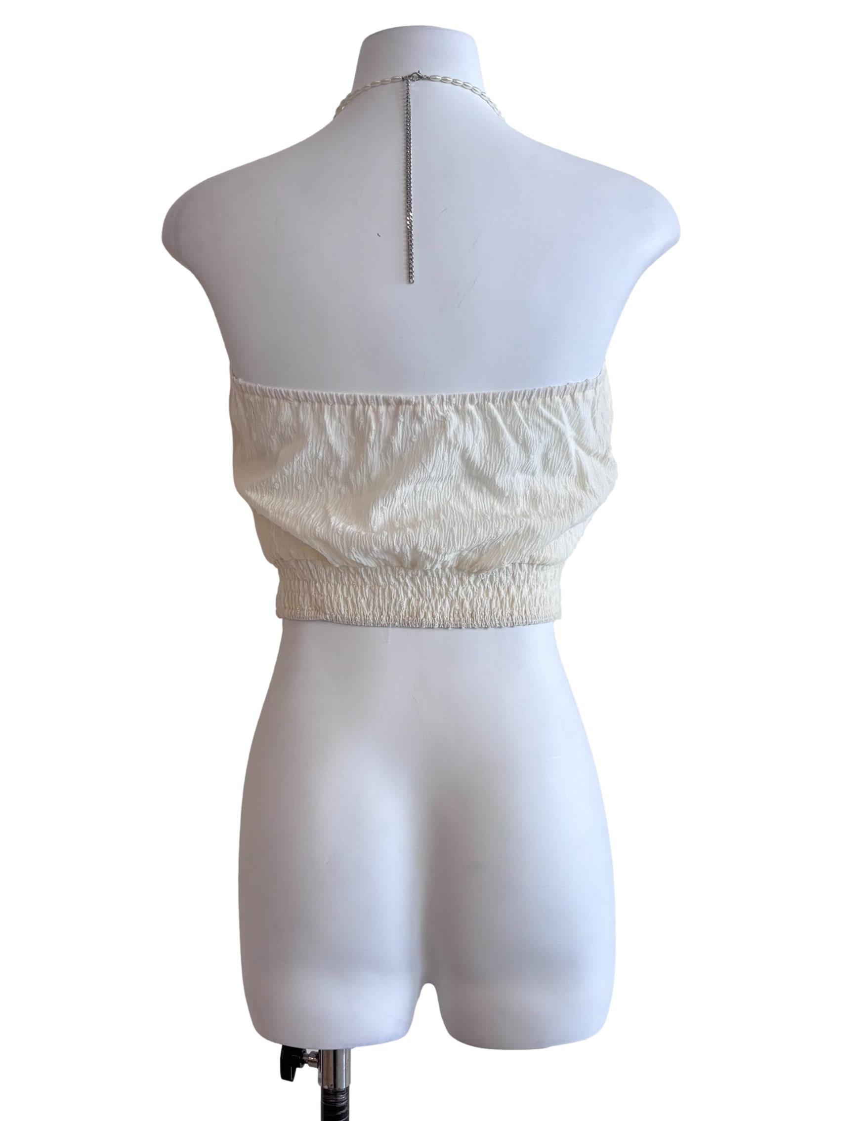 Cream White Dotted Pearl Halter Strap Top
