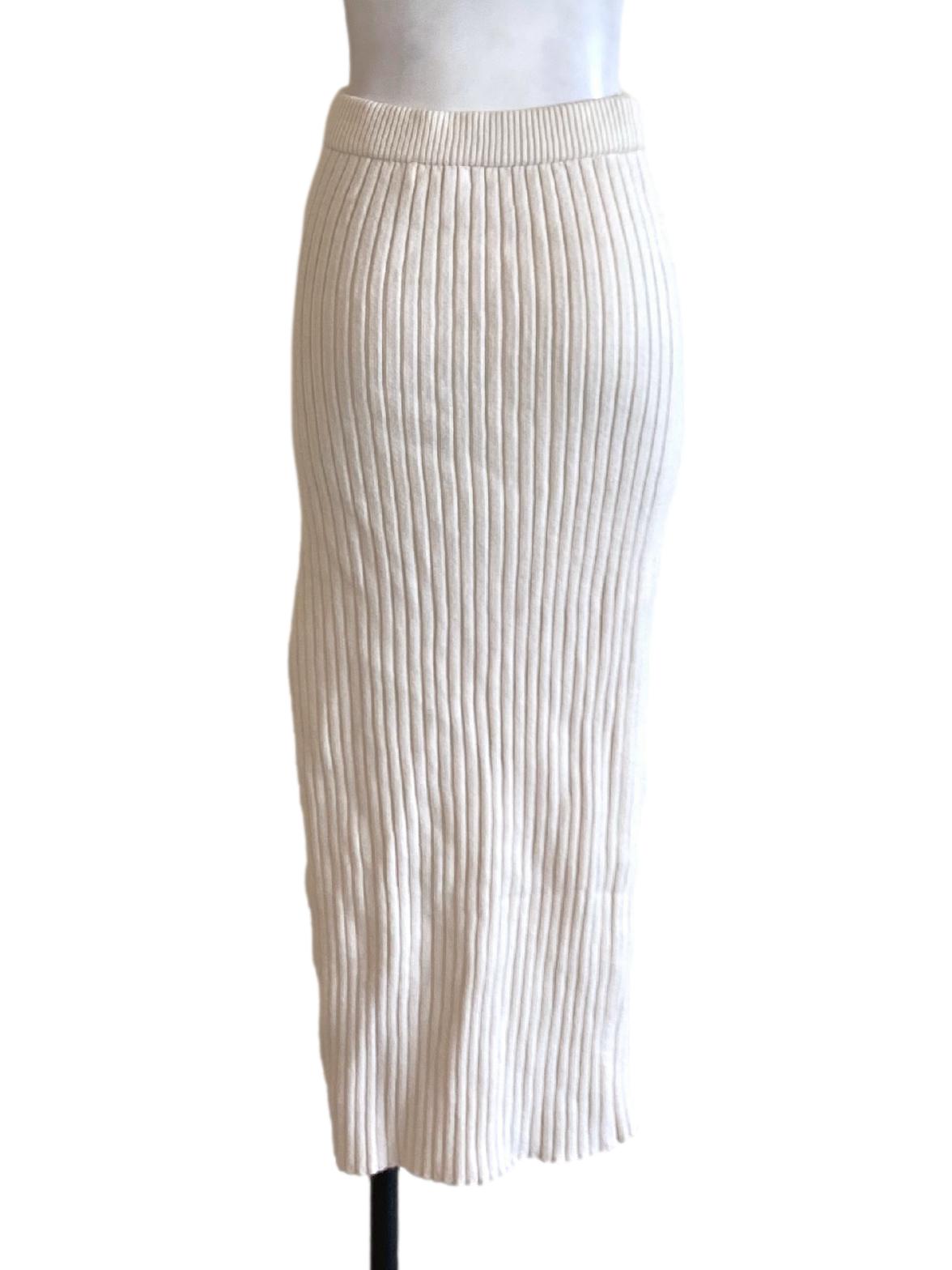 Bone White Knitted High Waisted Slit Tube Skirt