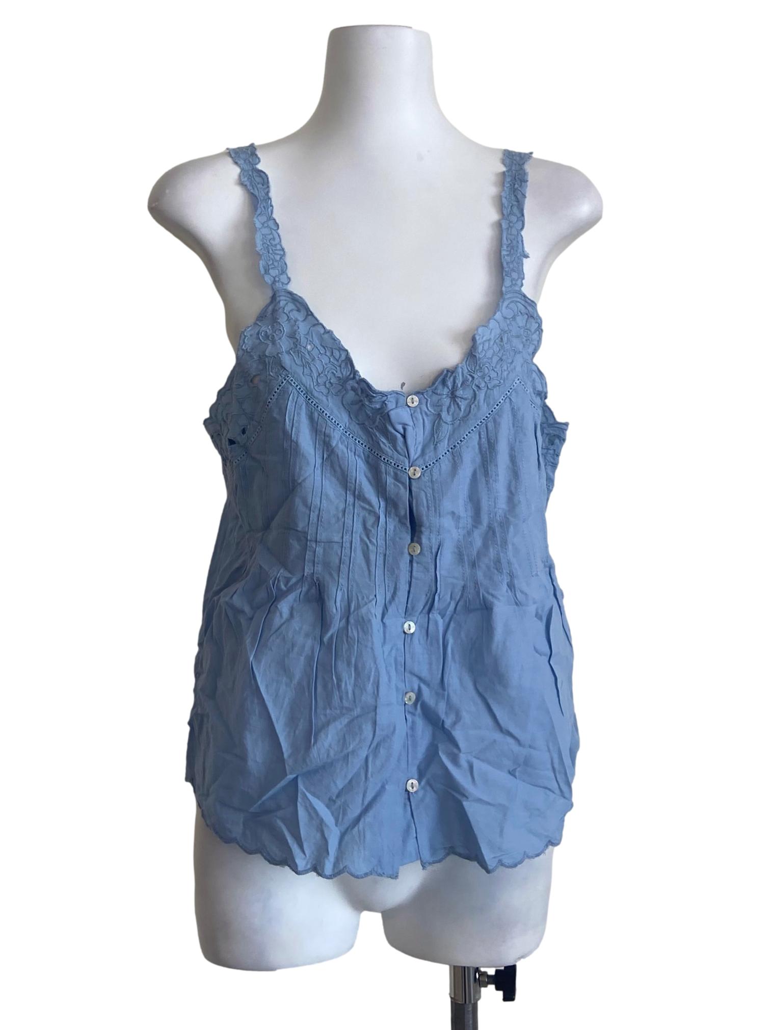 Blue Floral Embroidery Button-Down Sleeveless Top