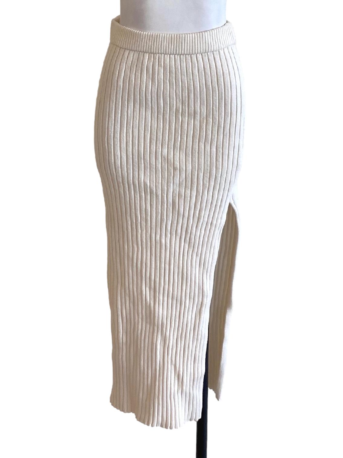 Bone White Knitted High Waisted Slit Tube Skirt