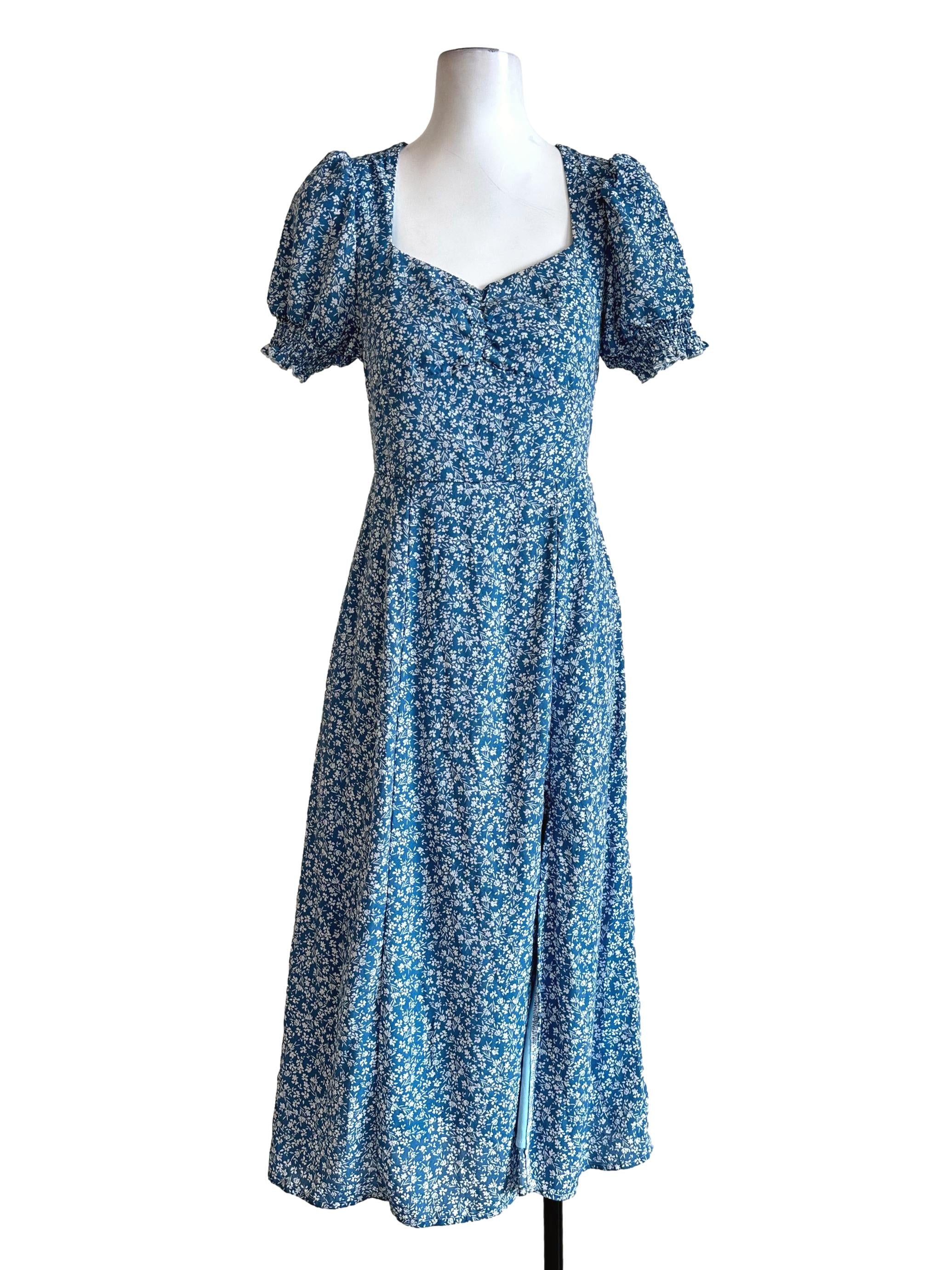 Blue Floral Printed Slit Maxi Dress