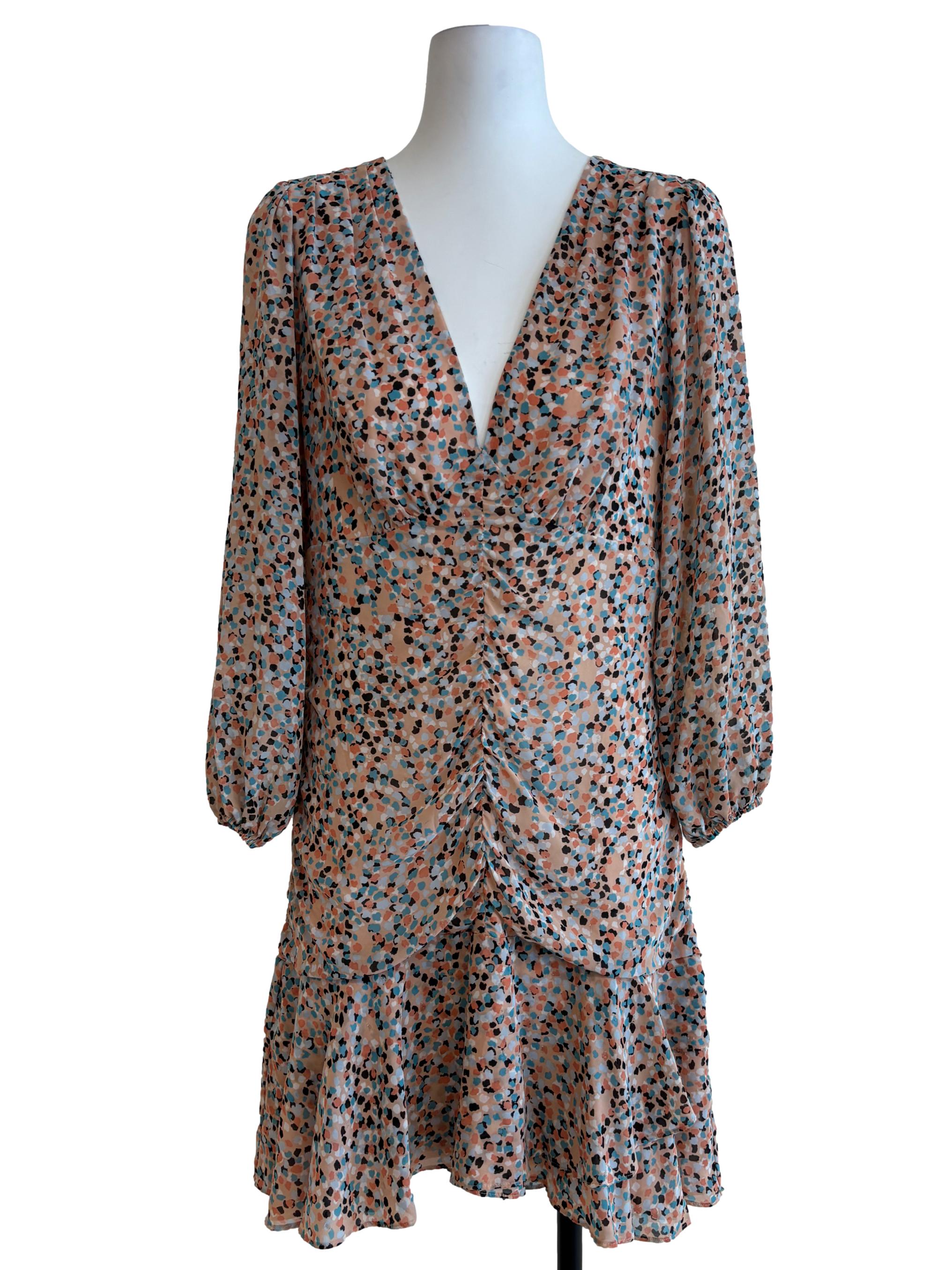 Light Sepia Ruched Patterned Dress