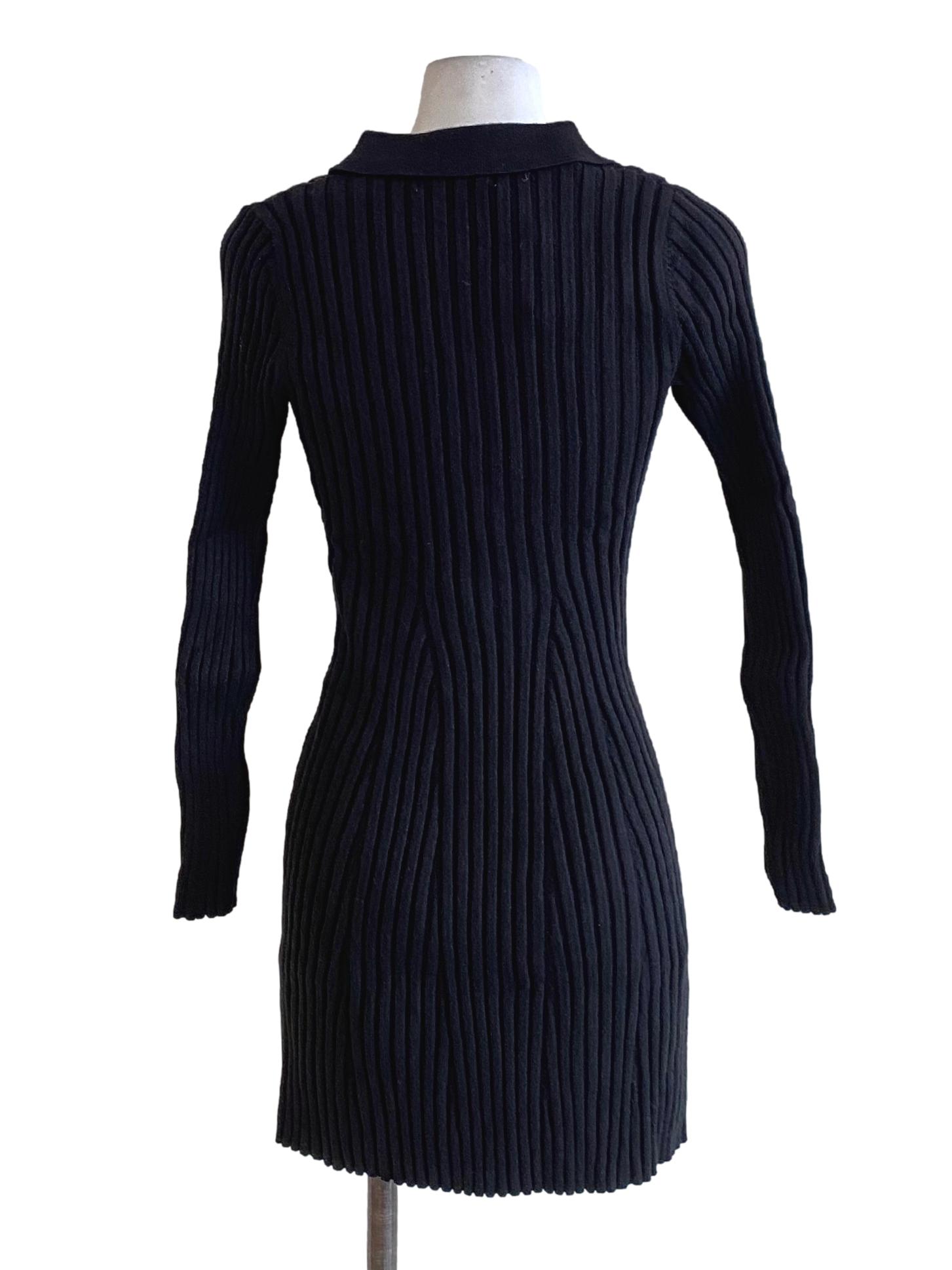 True Black Knitted Buttoned Down Long Sleeve Bodycon Dress