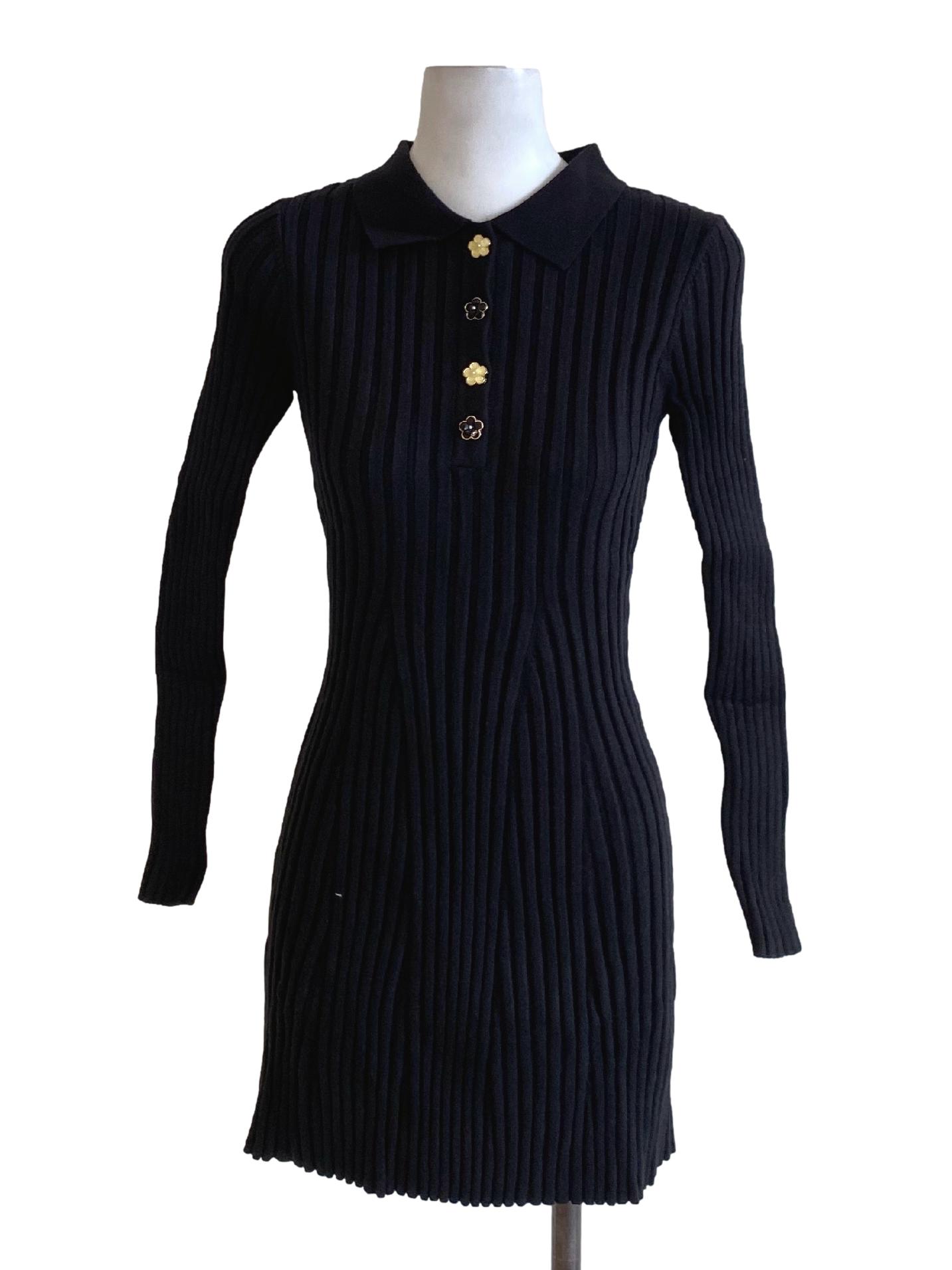 True Black Knitted Buttoned Down Long Sleeve Bodycon Dress
