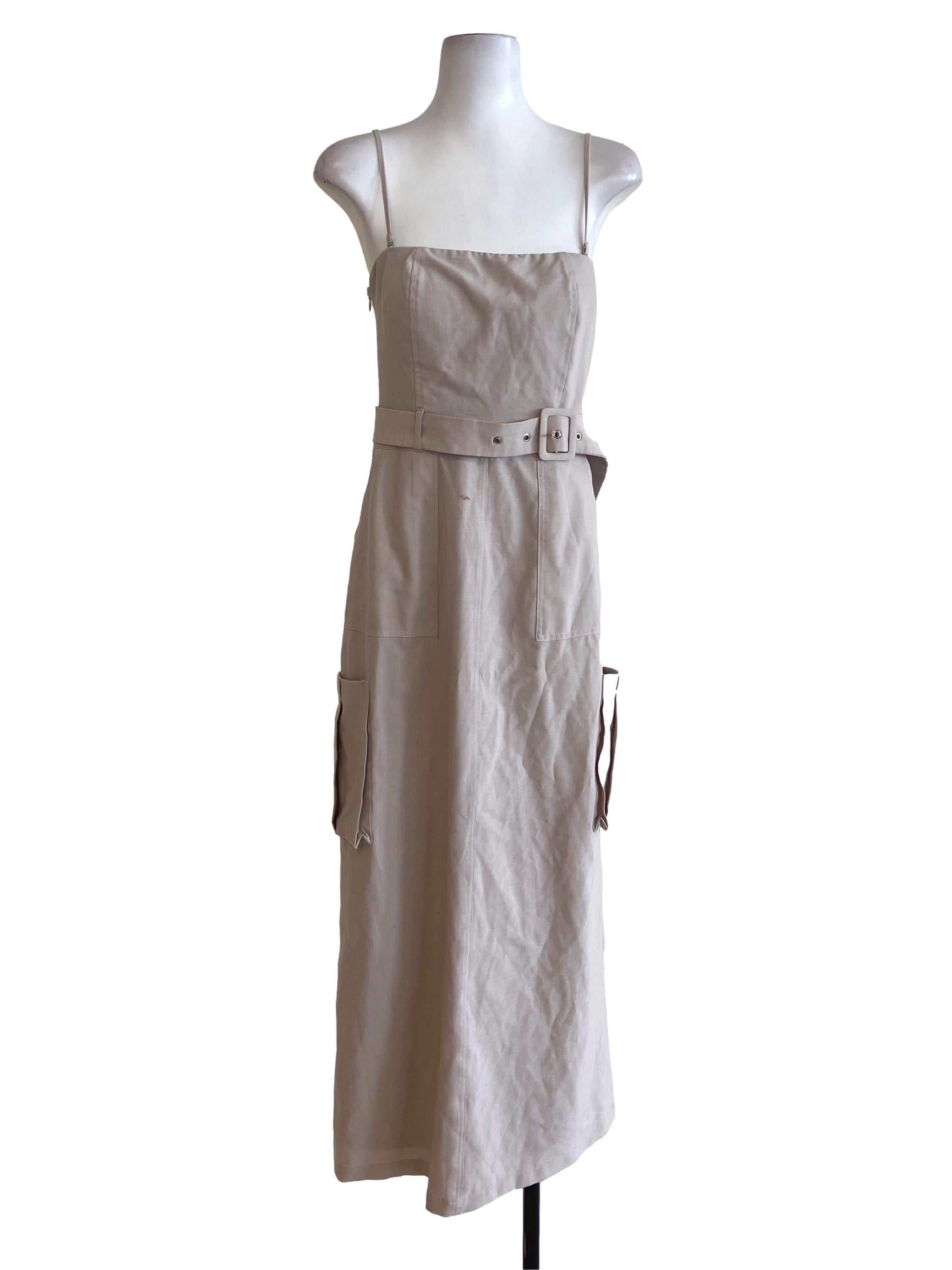 Bone Beige Spaghetti Strap Slit Apron Dress