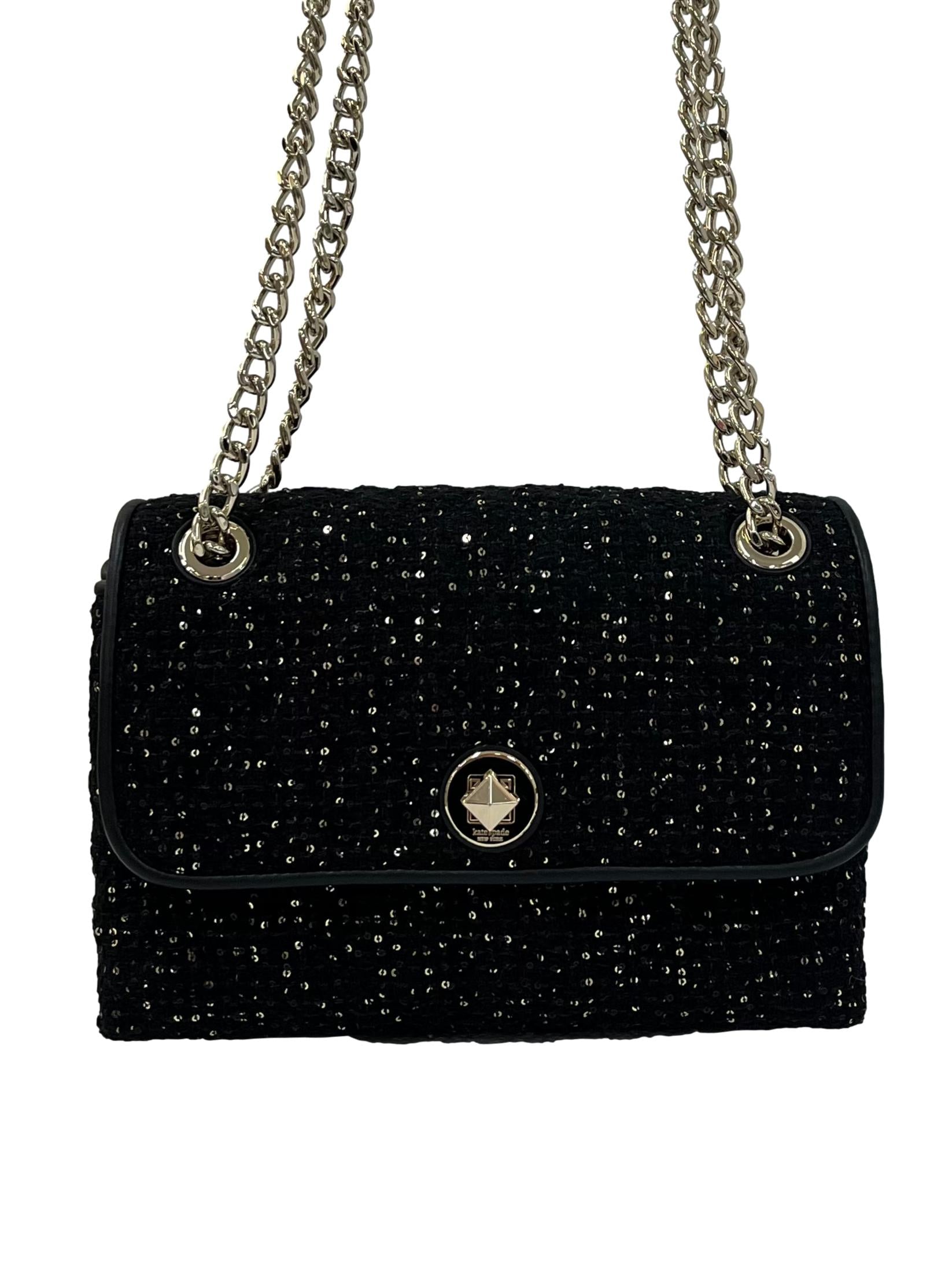 Black Gold Natalia Sequin Tweed Medium Flap Shoulder Bag