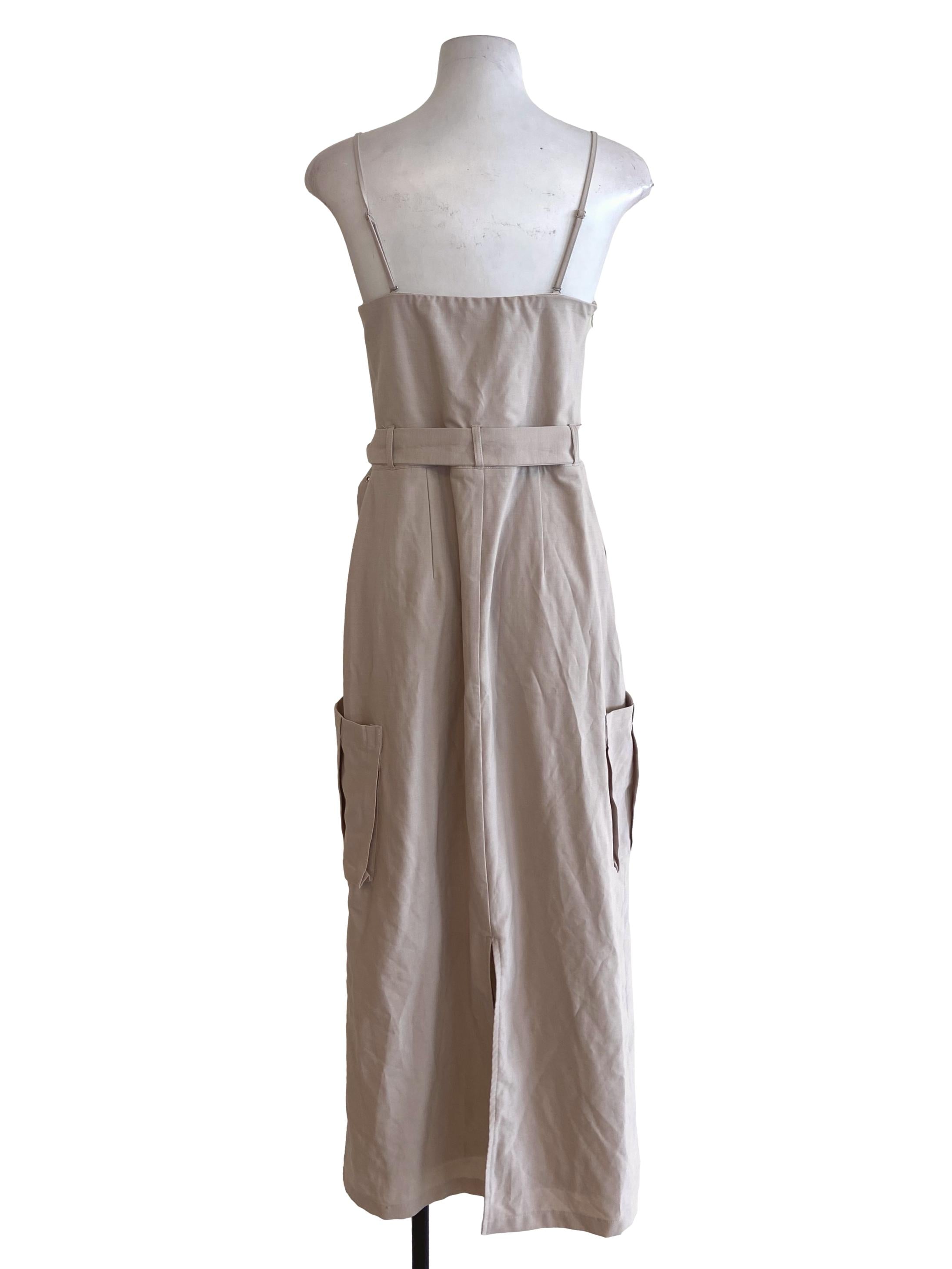 Bone Beige Spaghetti Strap Slit Apron Dress