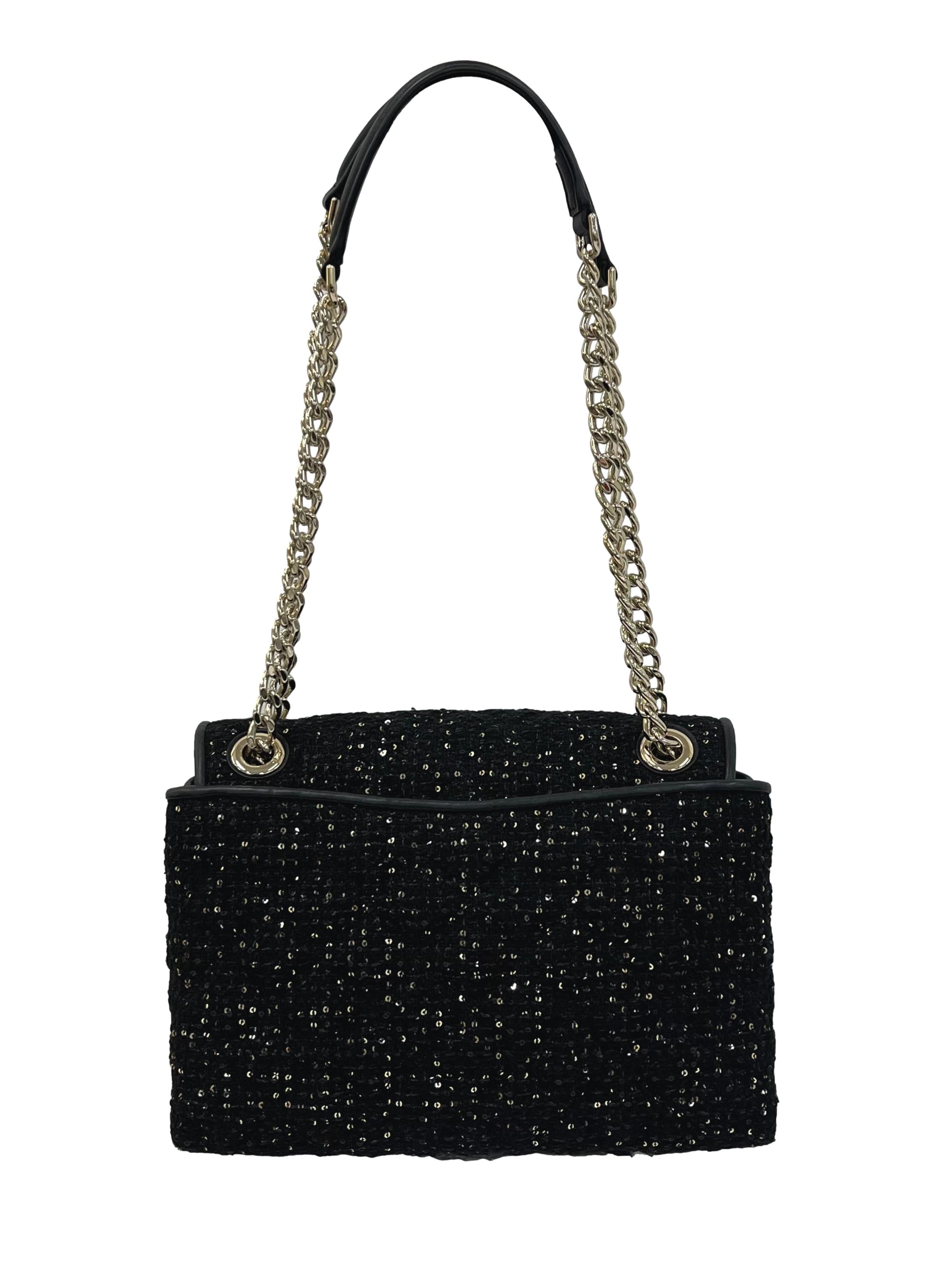 Black Gold Natalia Sequin Tweed Medium Flap Shoulder Bag