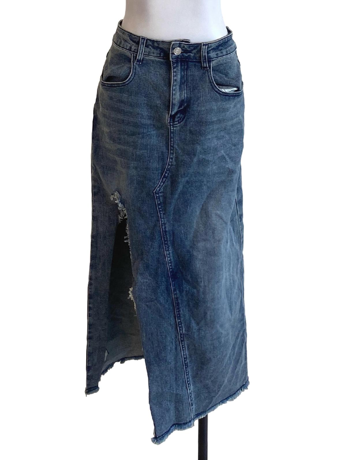 Denim Washed Blue Buttoned Down Slit Jeans Skirt