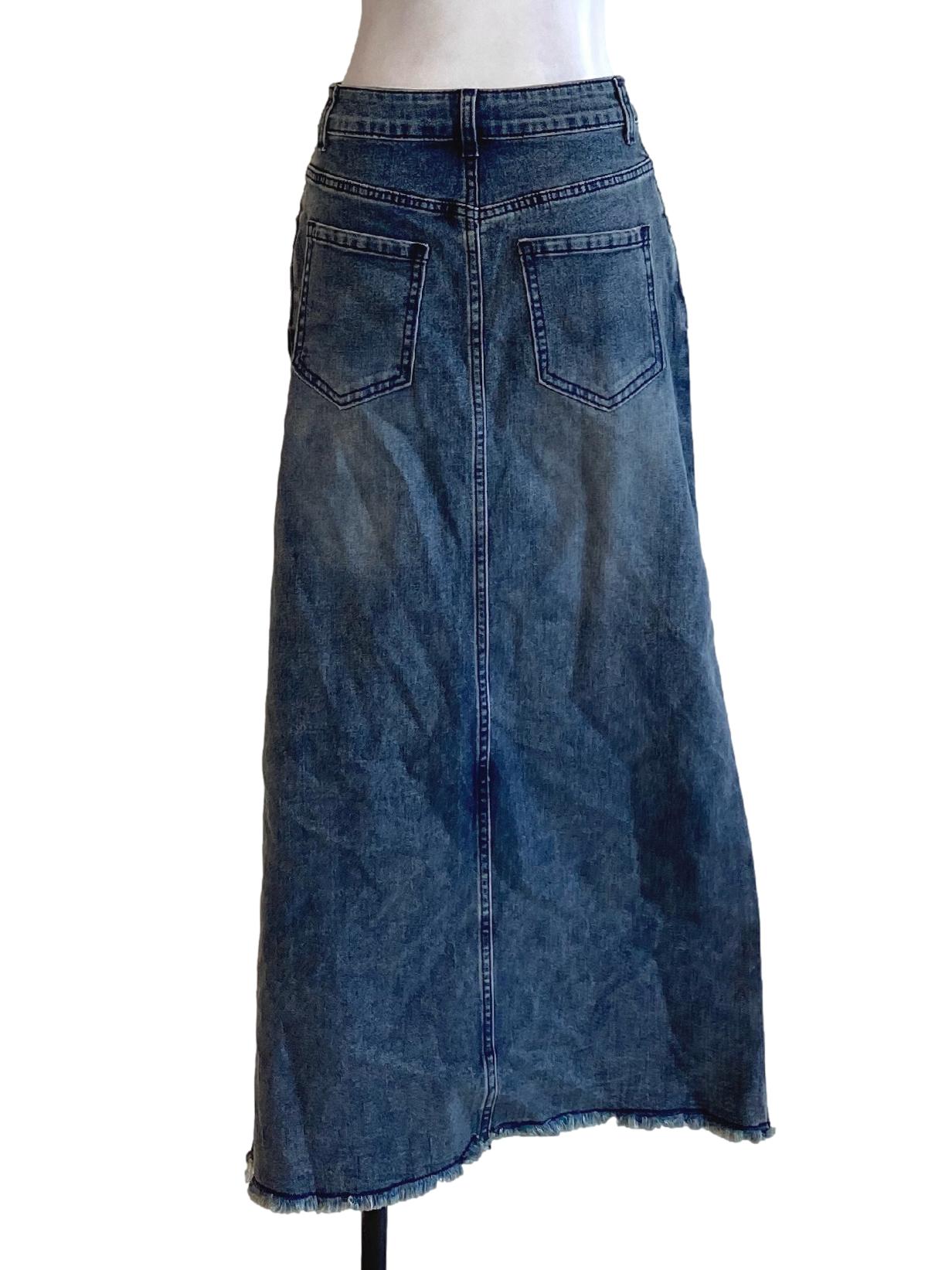 Denim Washed Blue Buttoned Down Slit Jeans Skirt