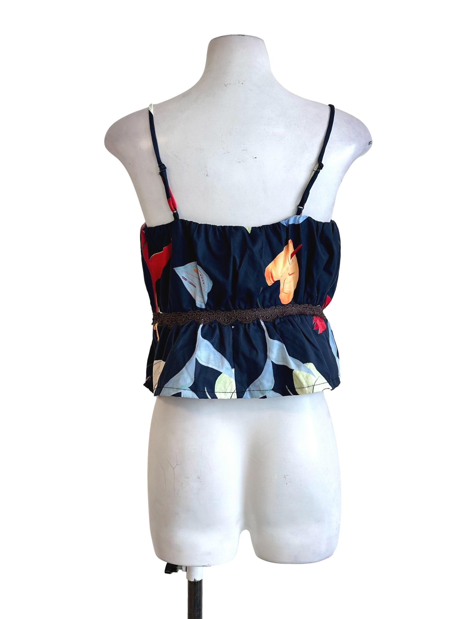 Navy Blue Floral Pattern Sleeveless Top LB