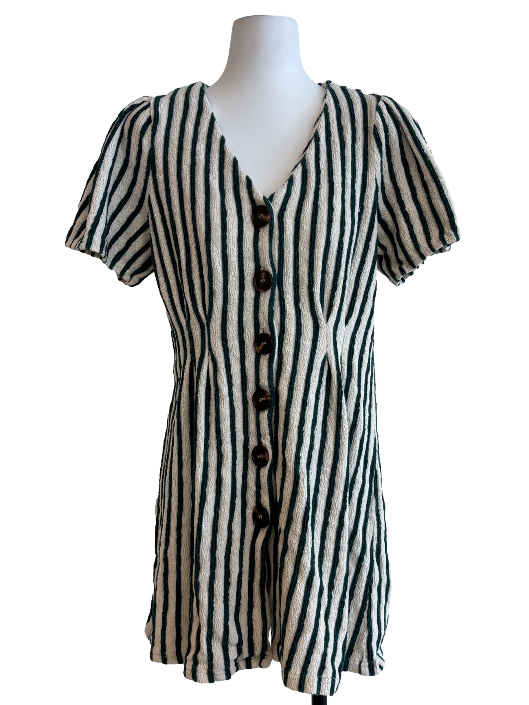 Emerald Green Striped Button Dress