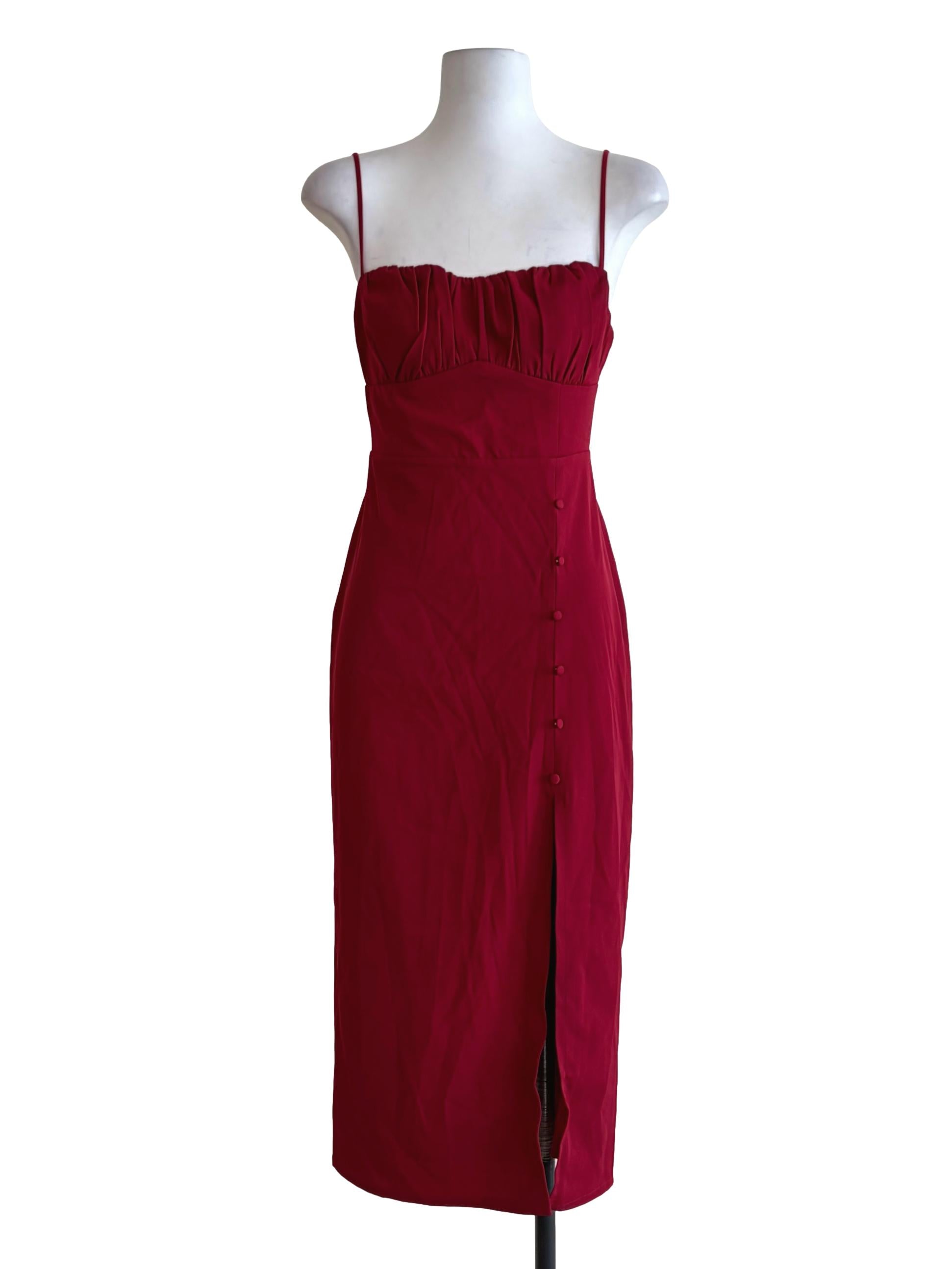 Ruby Red Scrunched Bust Button Slip Dress