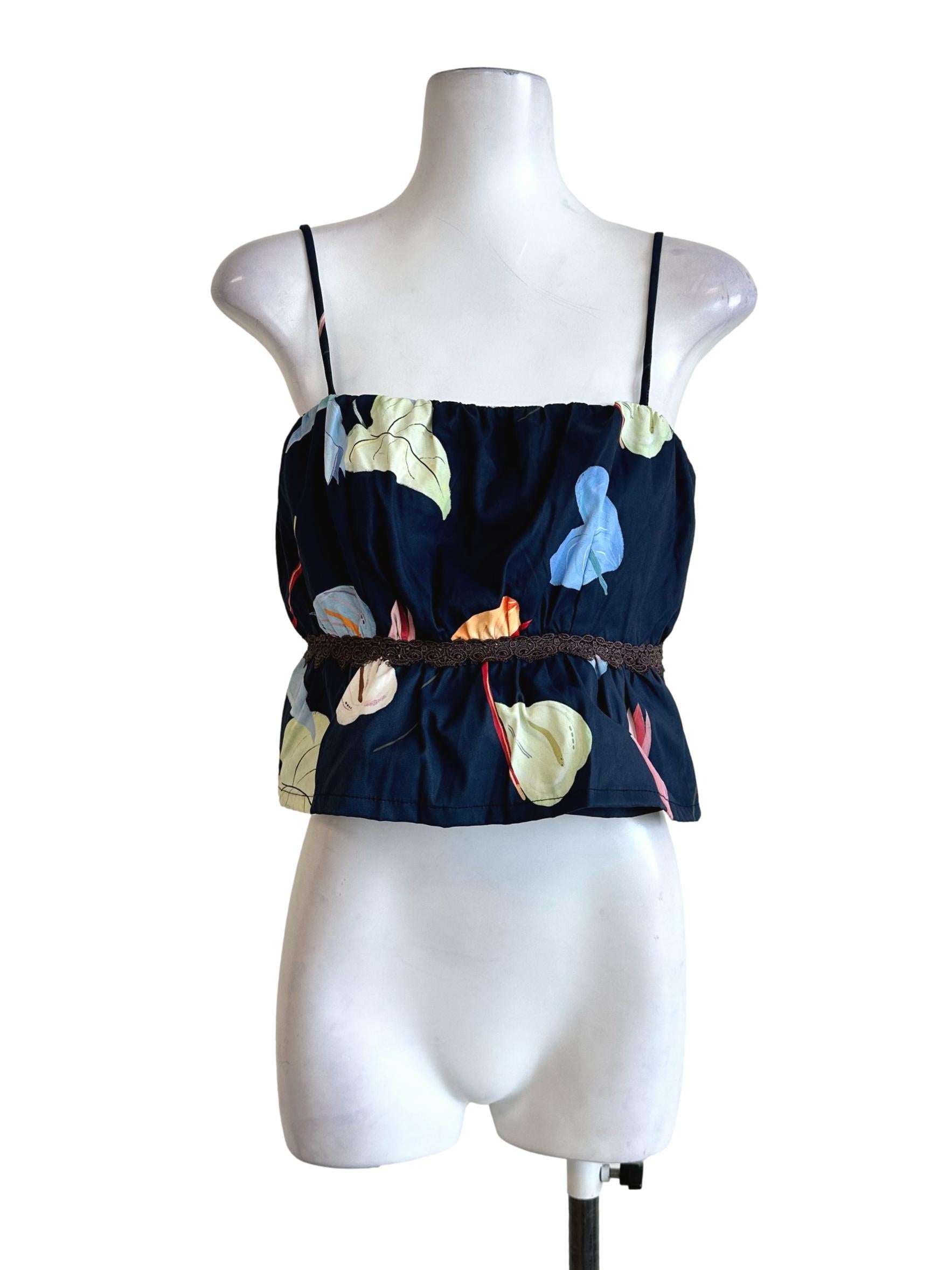 Navy Blue Floral Pattern Sleeveless Top LB