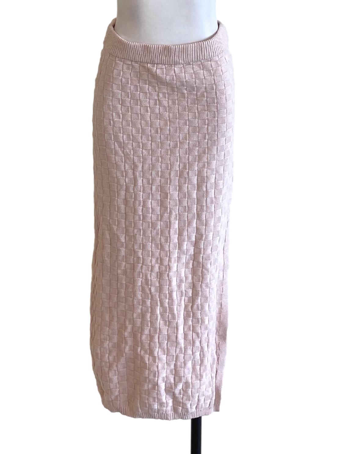 Crepe Pink Checkered Knitted Slit Tube Skirt