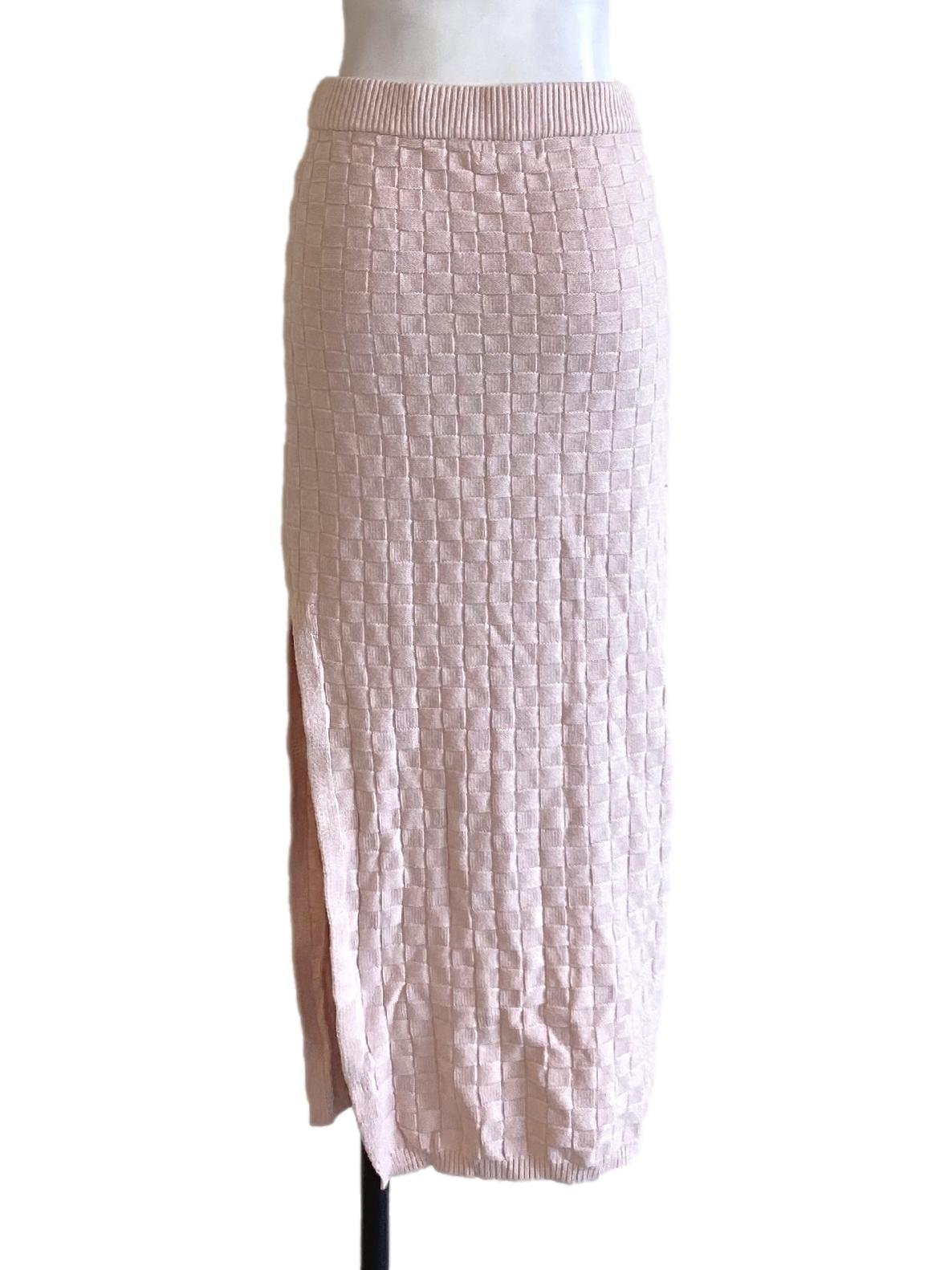 Crepe Pink Checkered Knitted Slit Tube Skirt
