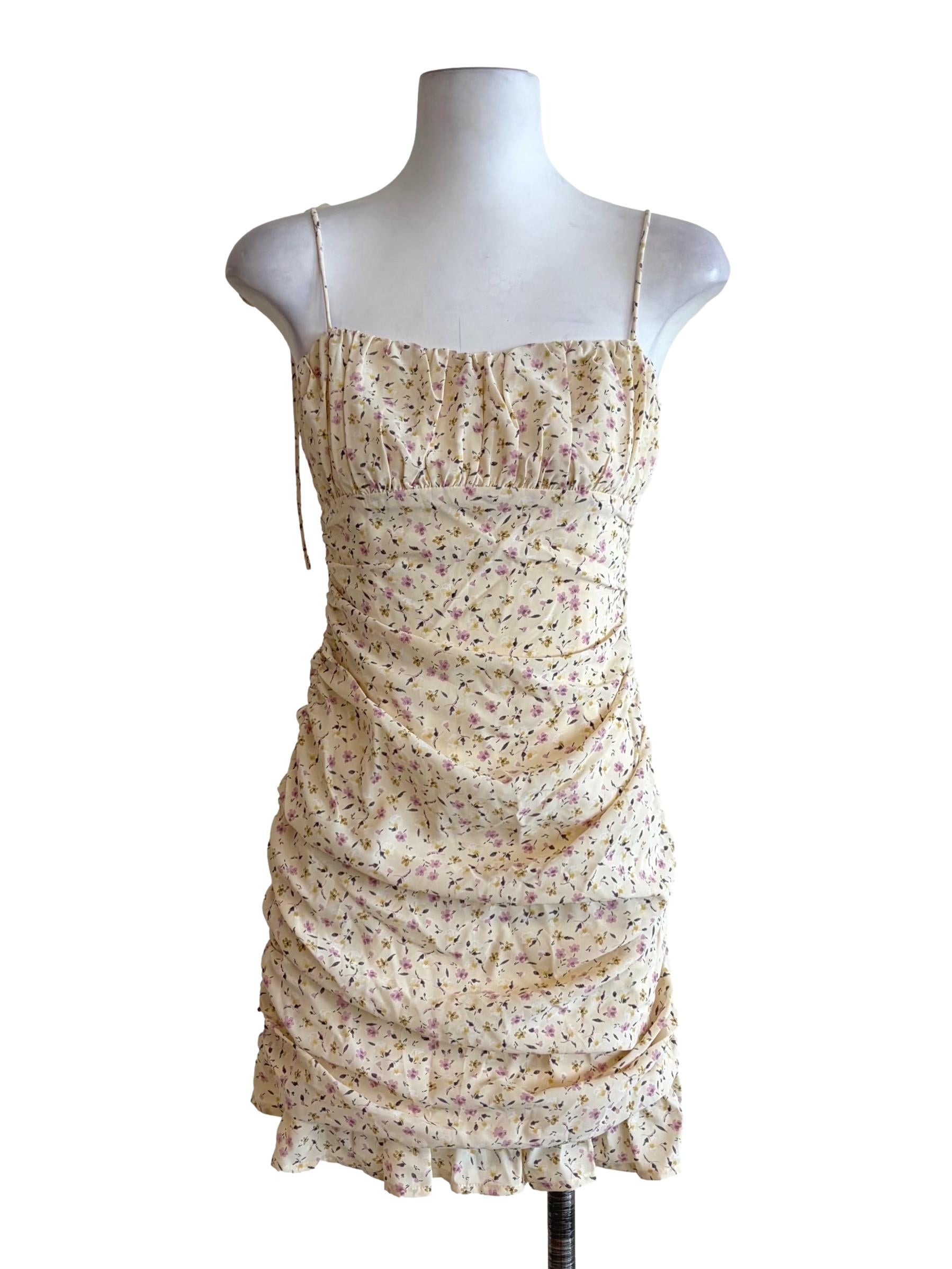 Banana Yellow Tiny Flower Details Ruched Dress