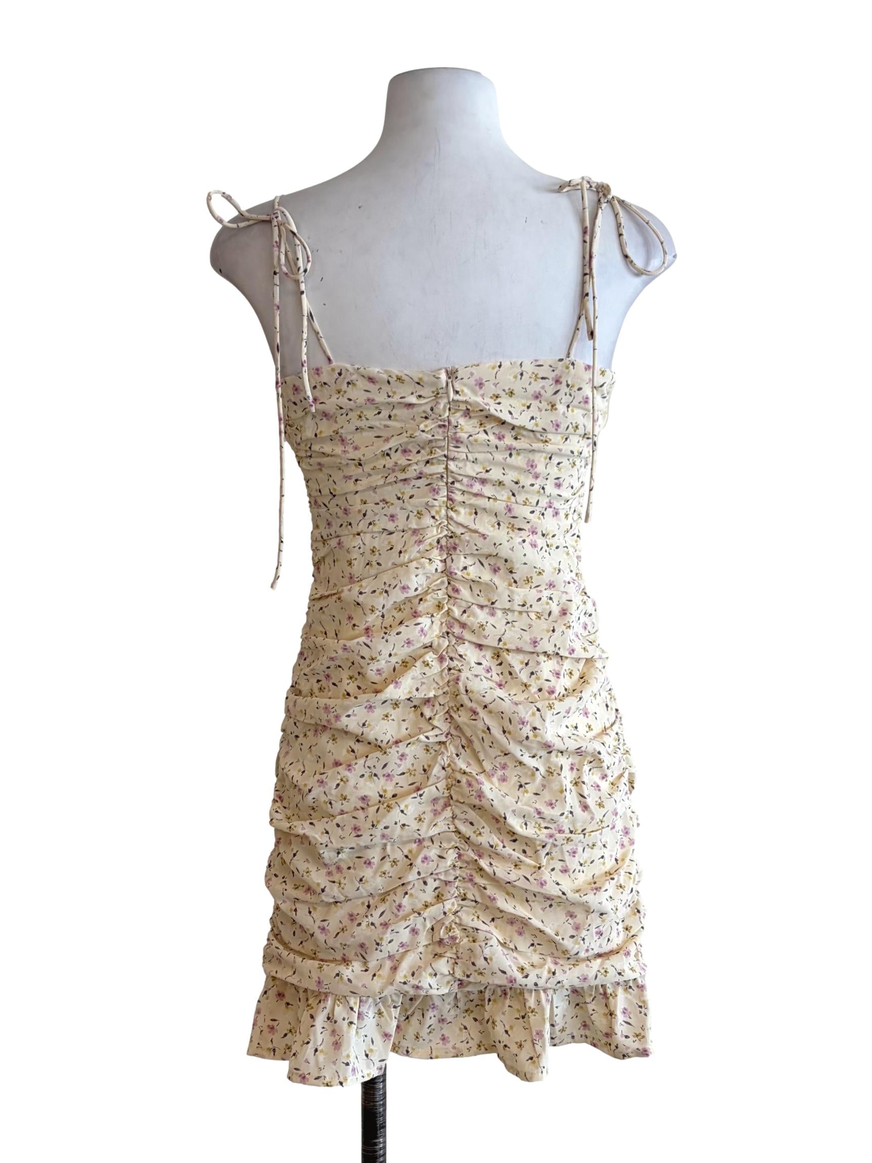 Banana Yellow Tiny Flower Details Ruched Dress